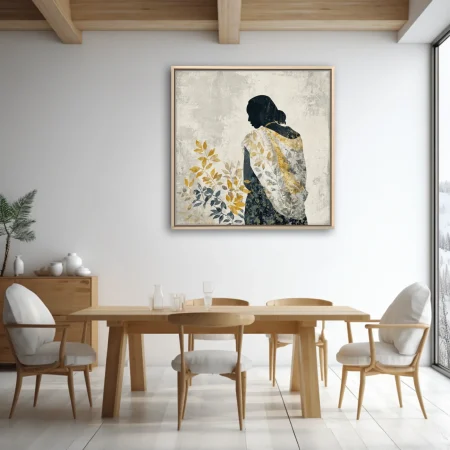 Minimalist female silhouette with botanical leaf motifs in ochre and slate