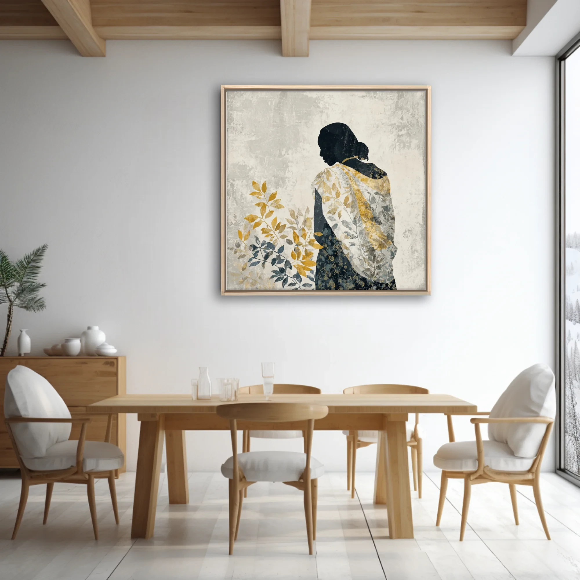 Minimalist female silhouette with botanical leaf motifs in ochre and slate