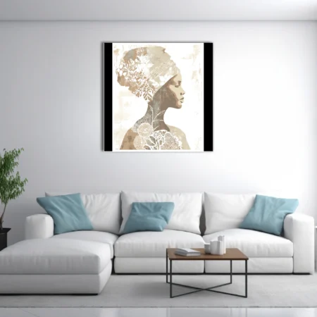 Boho botanical woman portrait silhouette with floral motifs in warm earth tones