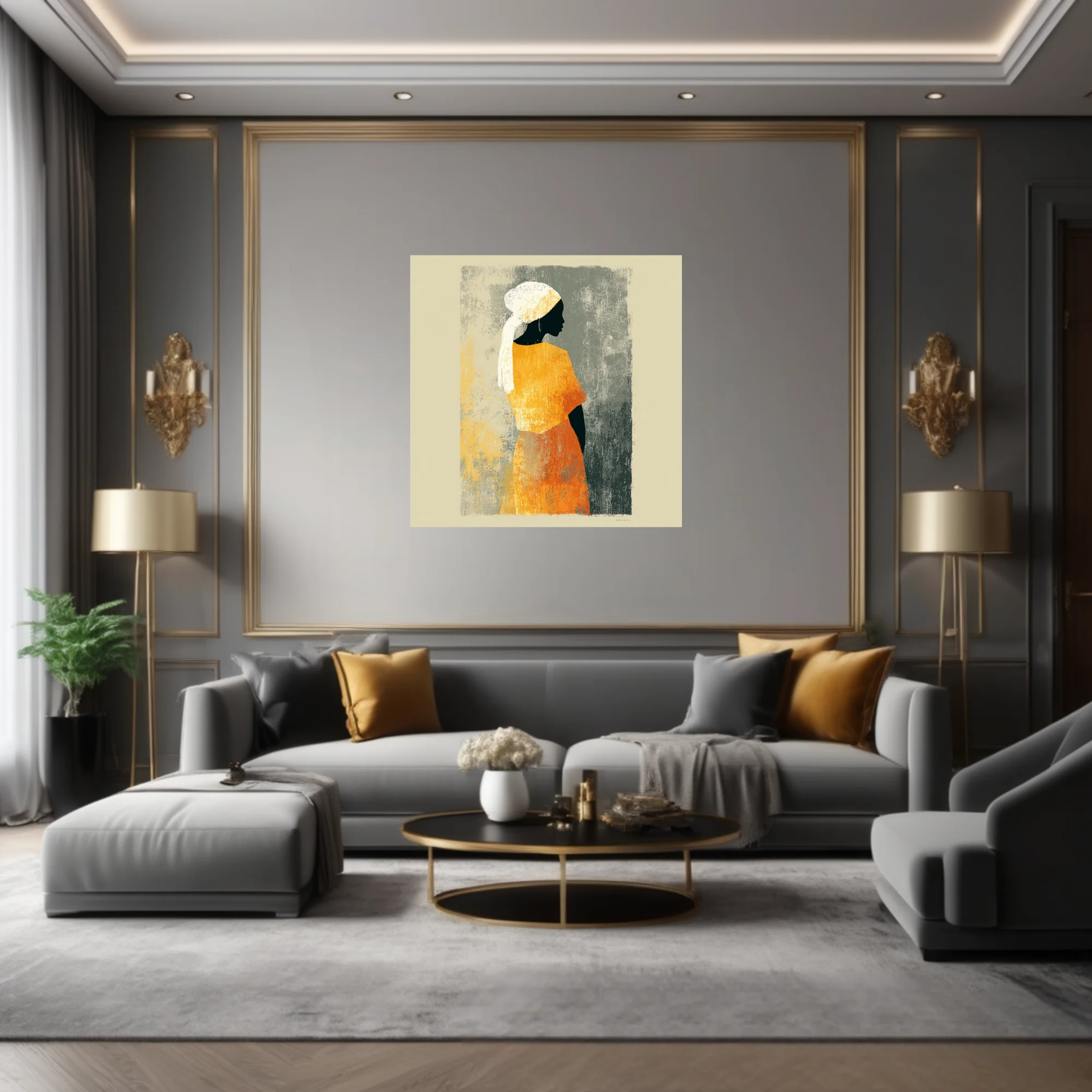 Minimalist silhouette portrait woman in orange dress white head wrap textured warm tones