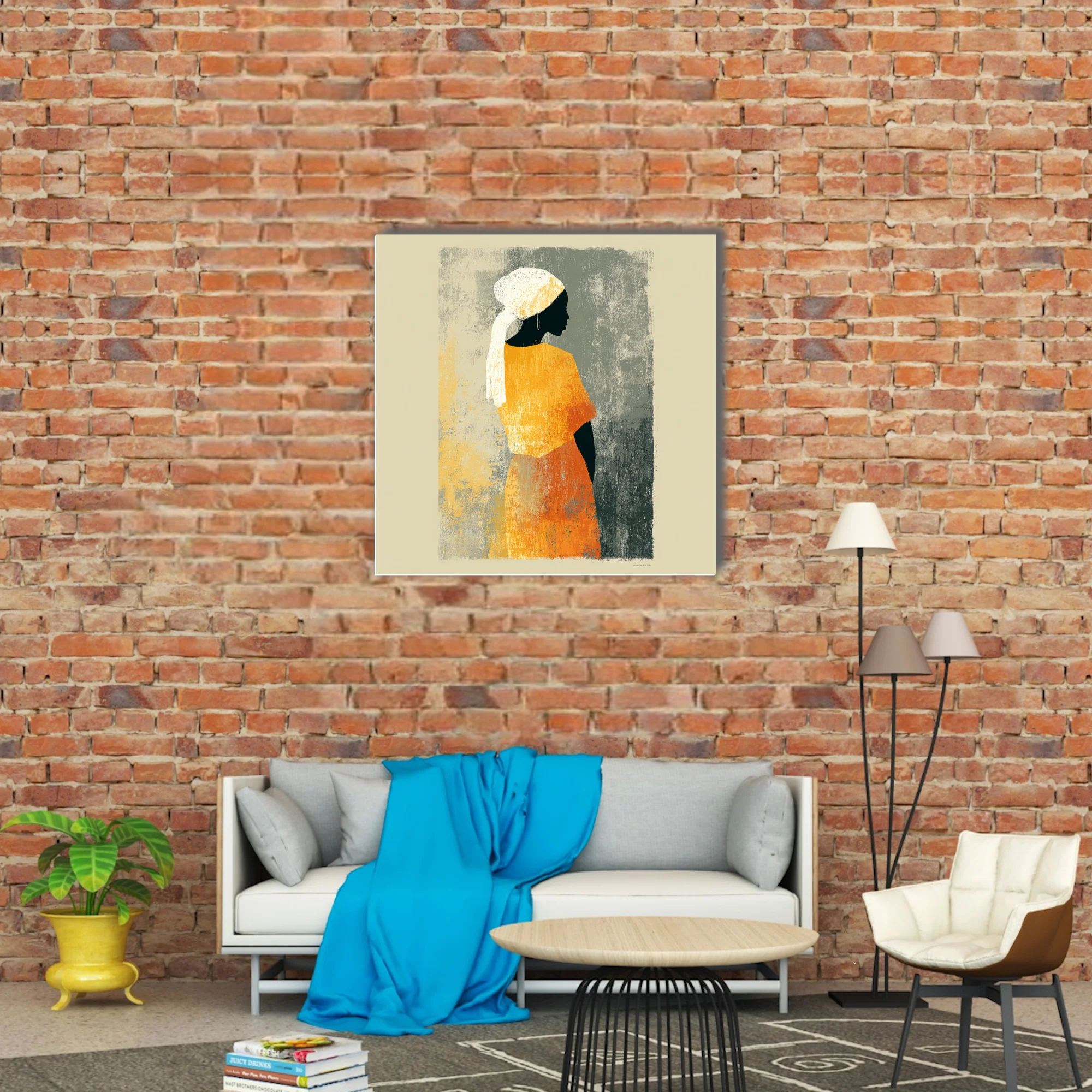 Minimalist silhouette portrait woman in orange dress white head wrap textured warm tones