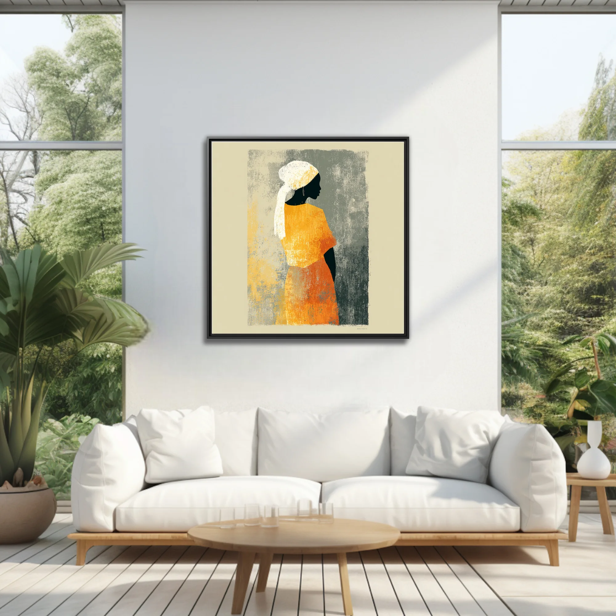 Minimalist silhouette portrait woman in orange dress white head wrap textured warm tones