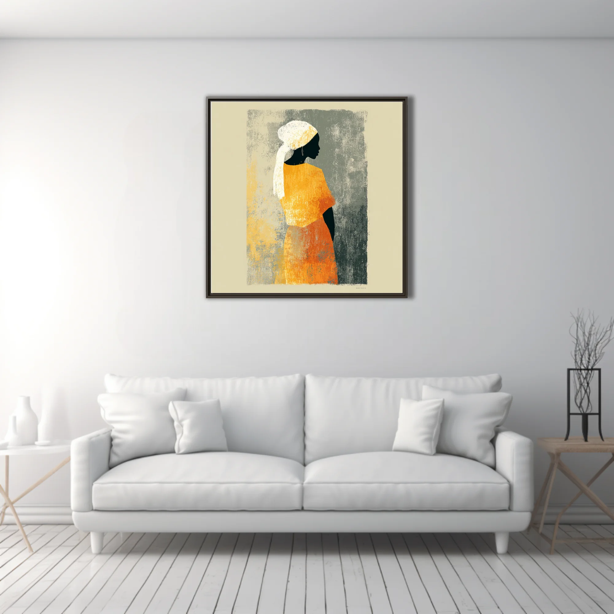Minimalist silhouette portrait woman in orange dress white head wrap textured warm tones