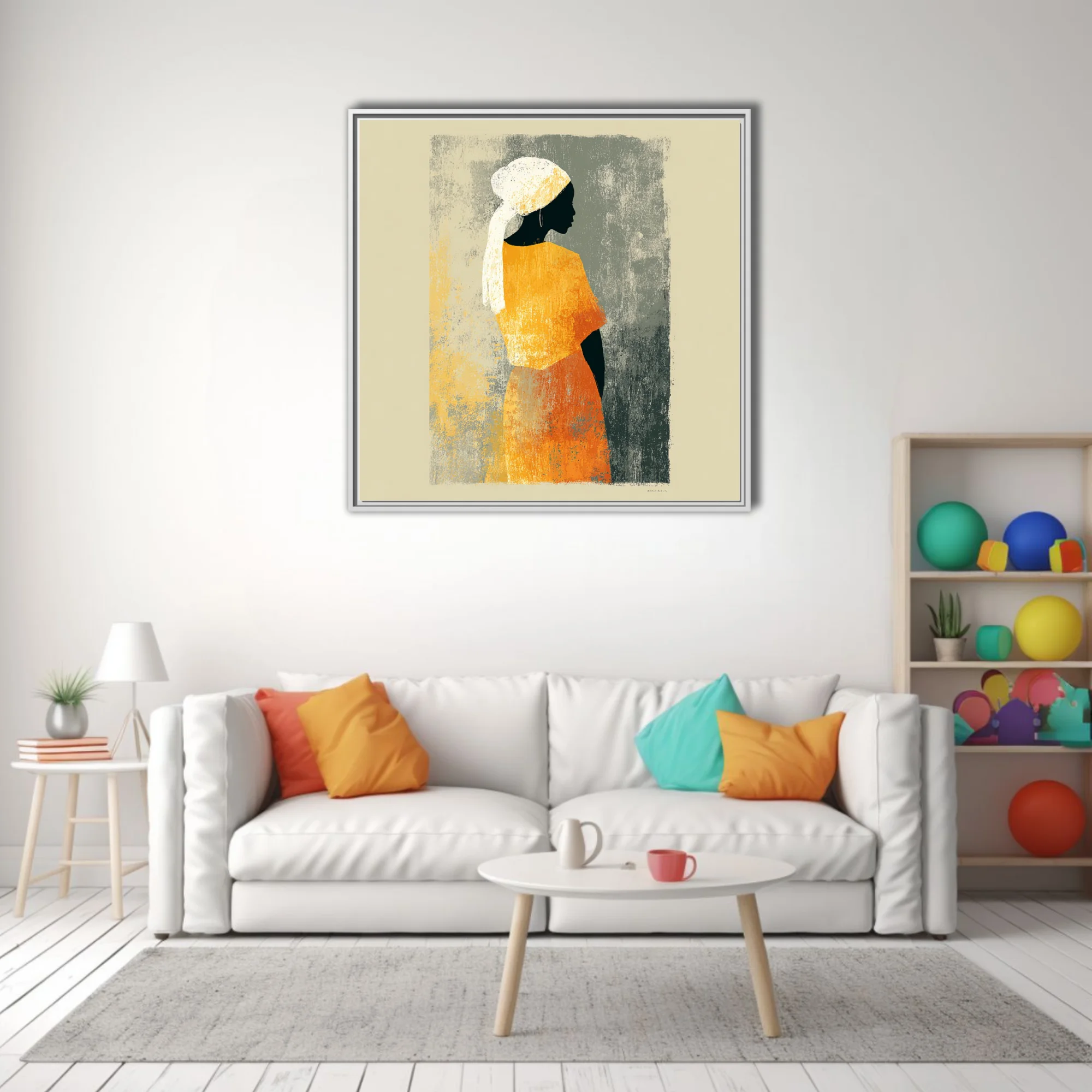 Minimalist silhouette portrait woman in orange dress white head wrap textured warm tones