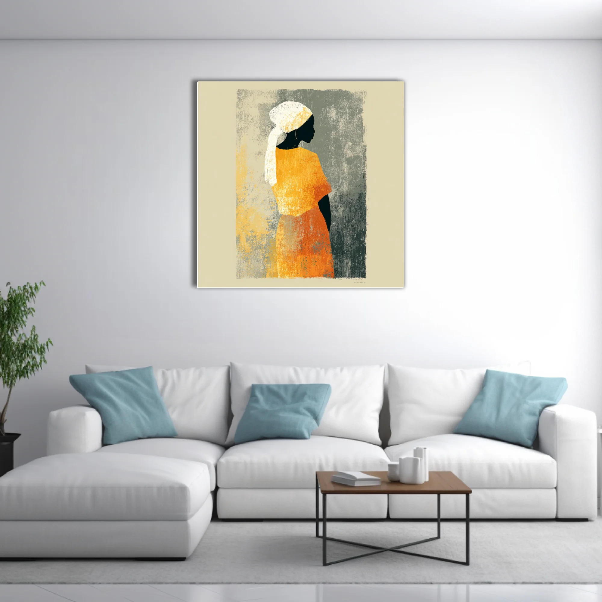 Minimalist silhouette portrait woman in orange dress white head wrap textured warm tones