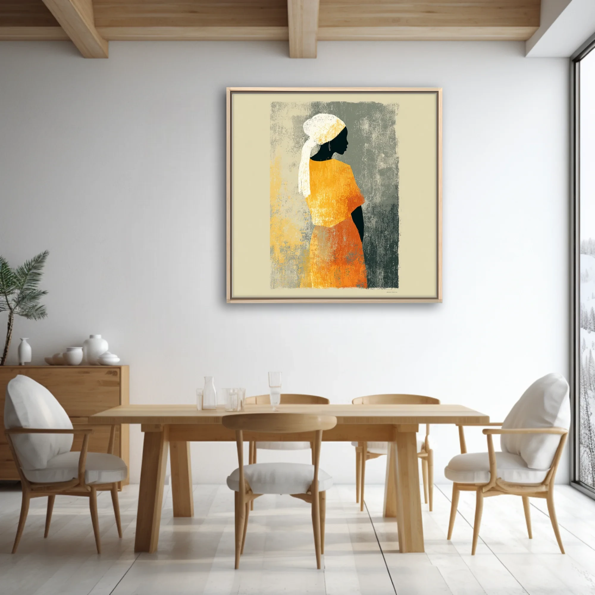 Minimalist silhouette portrait woman in orange dress white head wrap textured warm tones