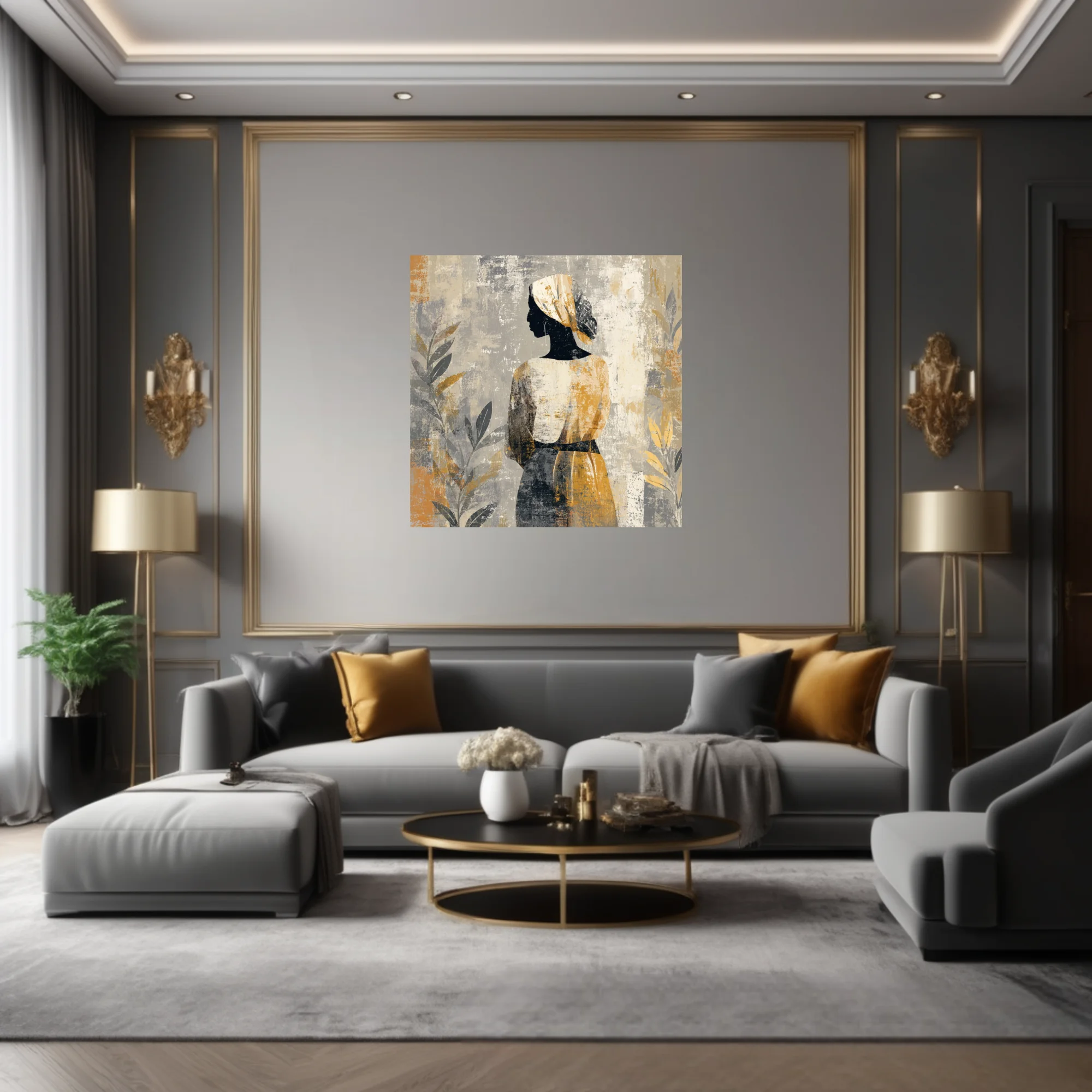 Boho abstract portrait of a figure in head wrap, ochre and grey distressed tones