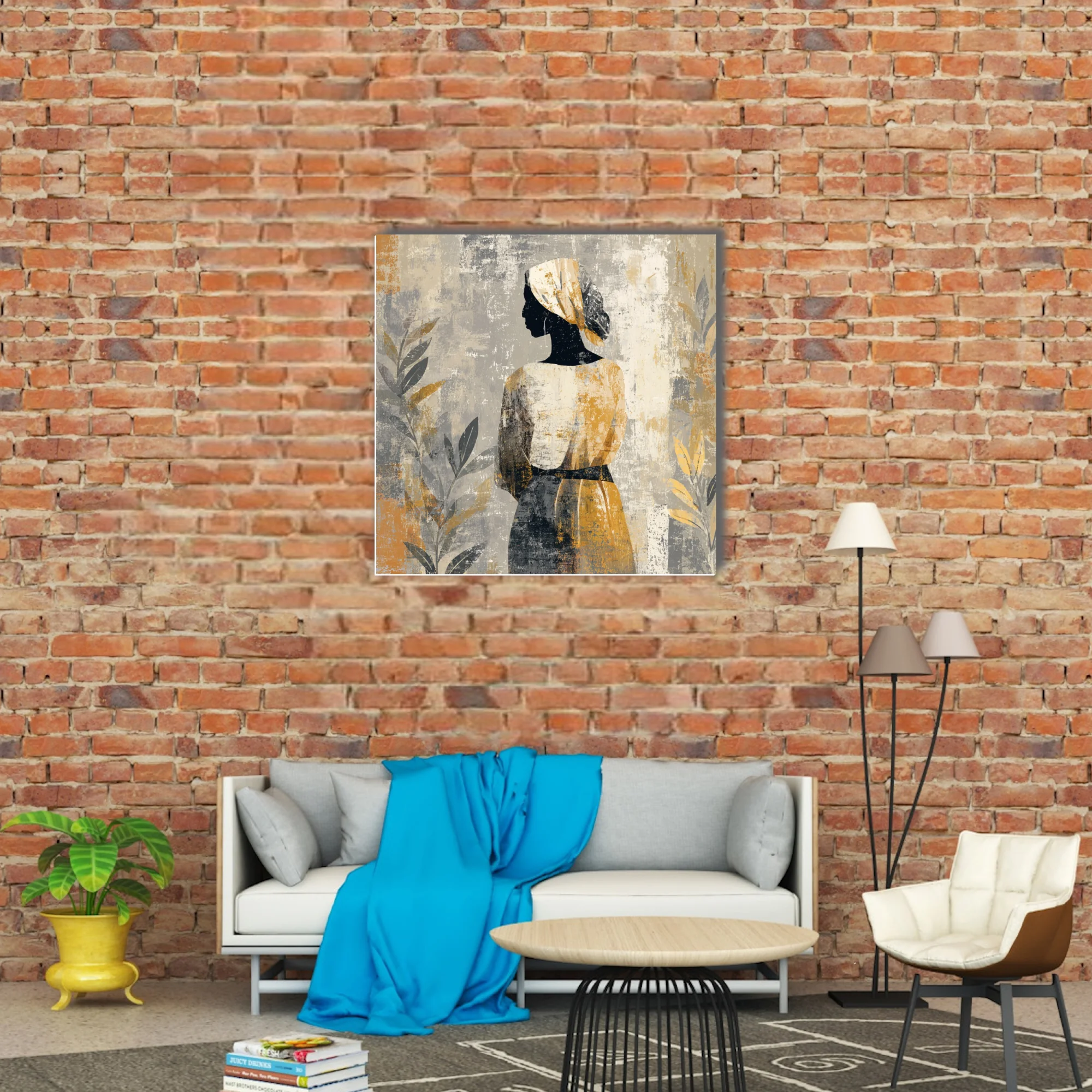 Boho abstract portrait of a figure in head wrap, ochre and grey distressed tones