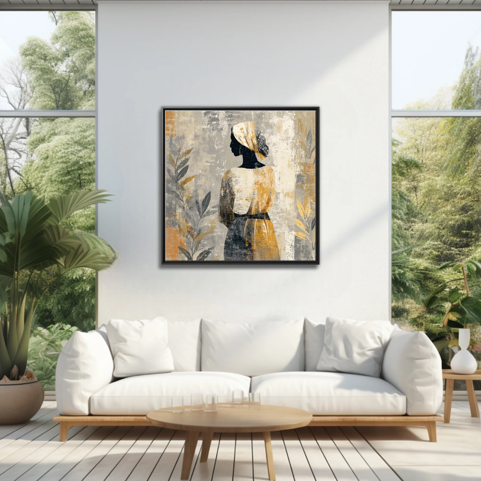 Boho abstract portrait of a figure in head wrap, ochre and grey distressed tones
