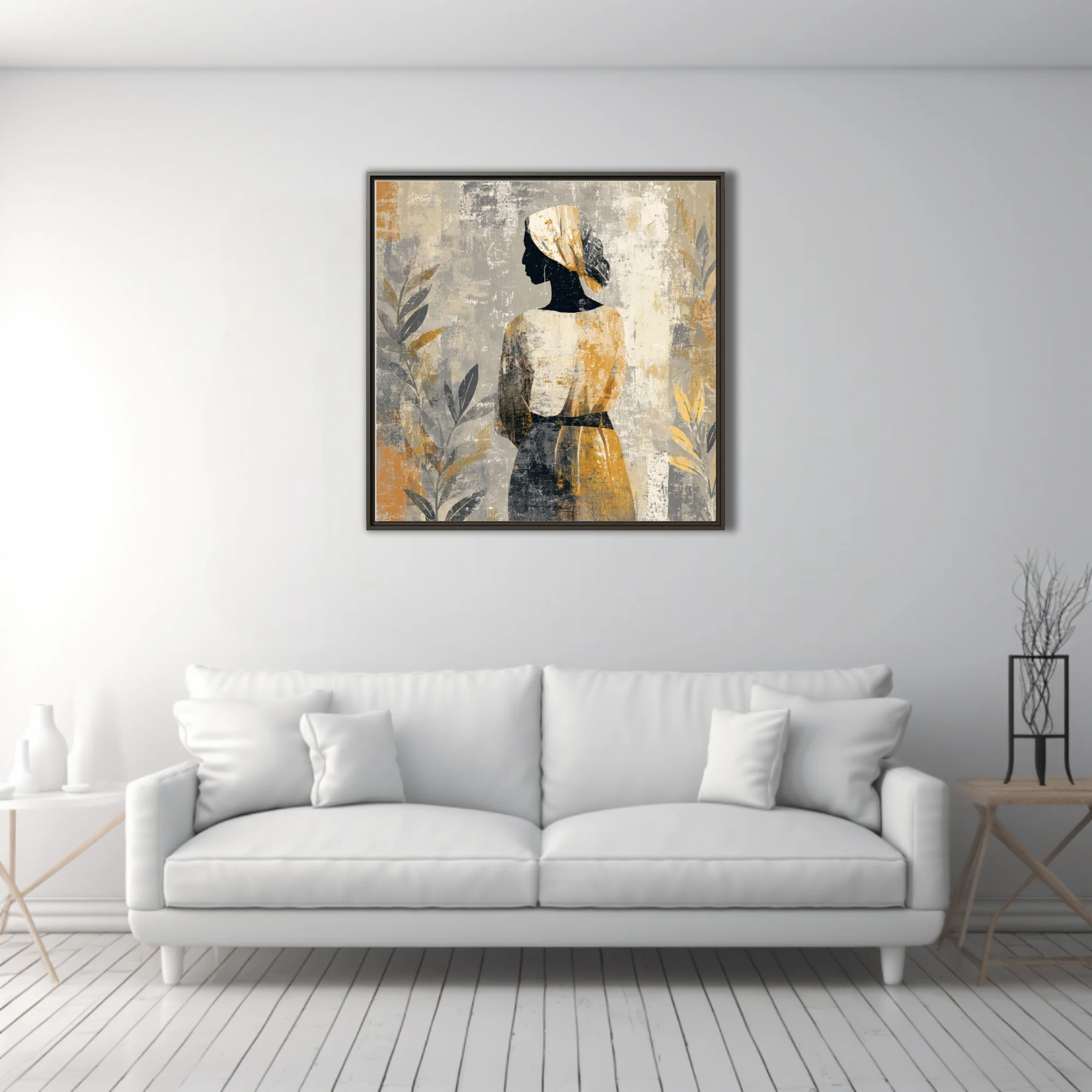 Boho abstract portrait of a figure in head wrap, ochre and grey distressed tones