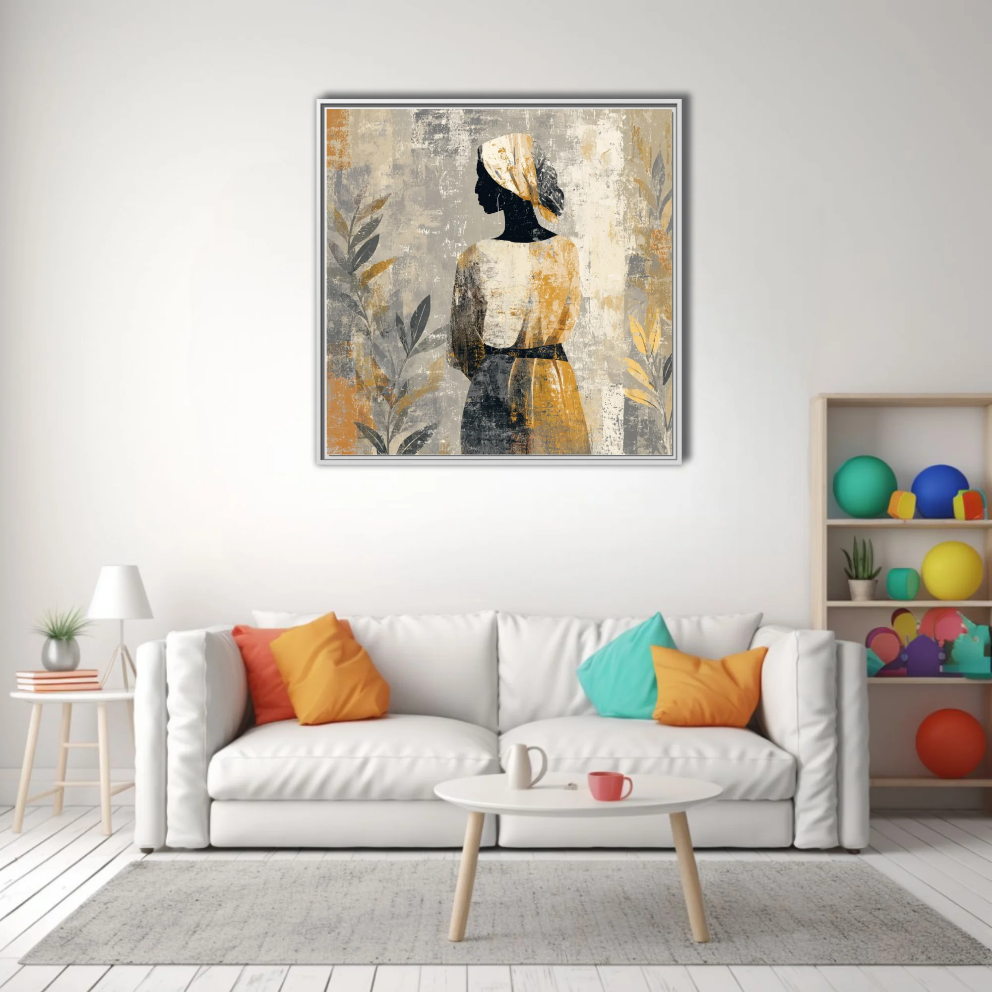 Boho abstract portrait of a figure in head wrap, ochre and grey distressed tones