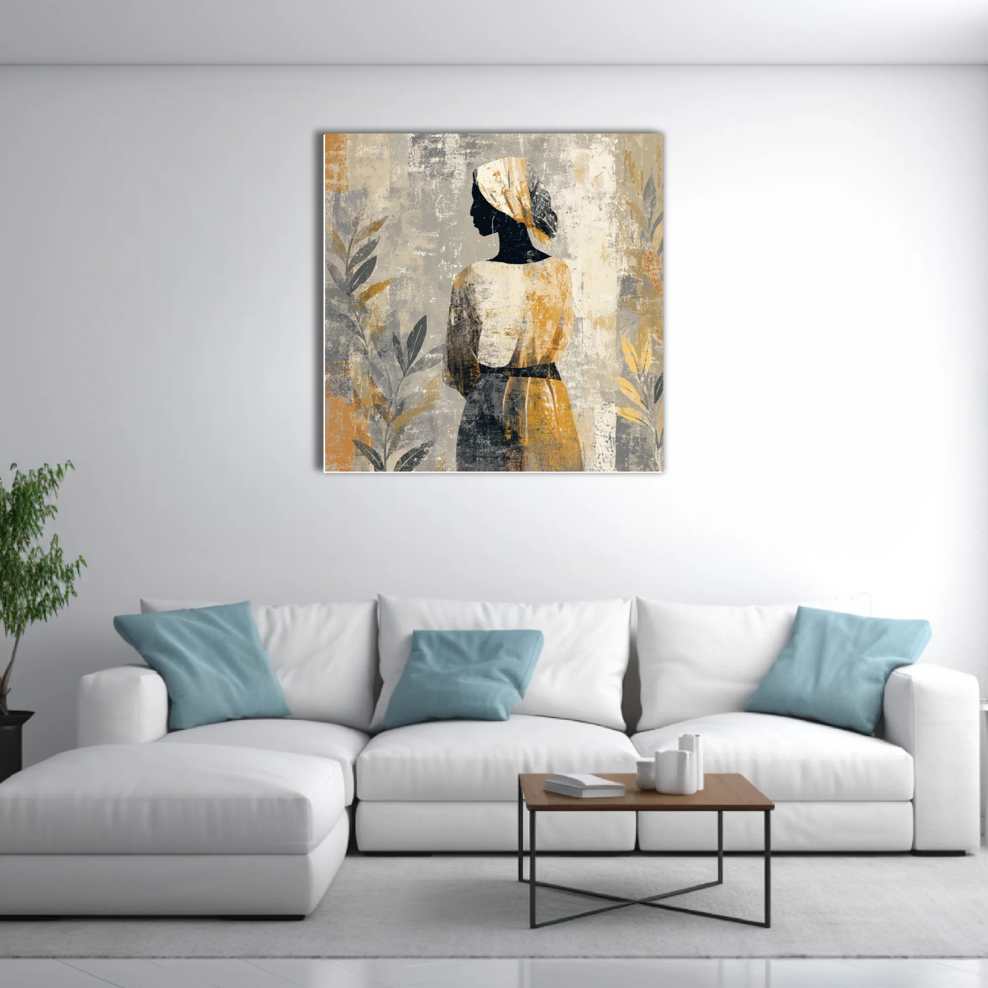 Boho abstract portrait of a figure in head wrap, ochre and grey distressed tones