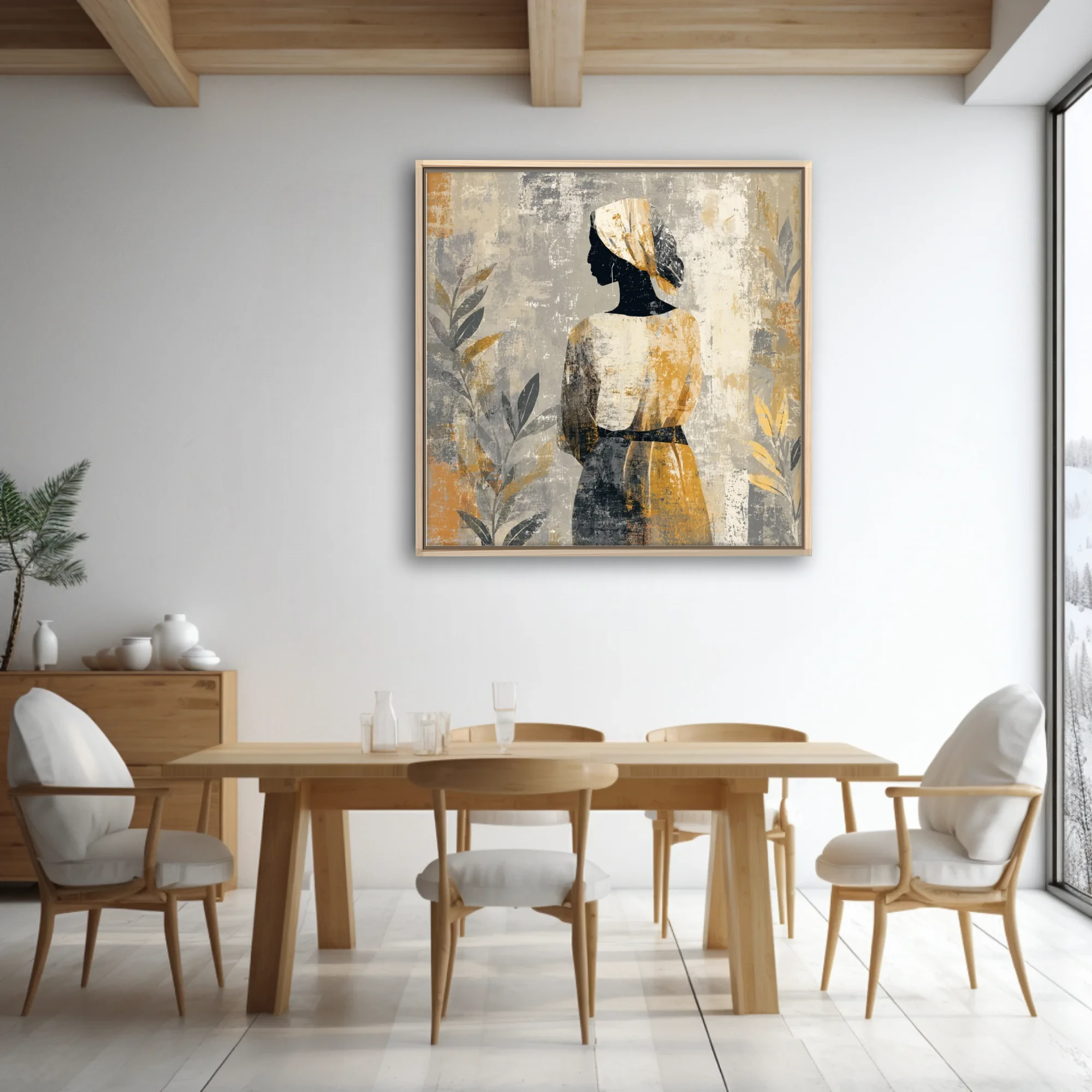 Boho abstract portrait of a figure in head wrap, ochre and grey distressed tones
