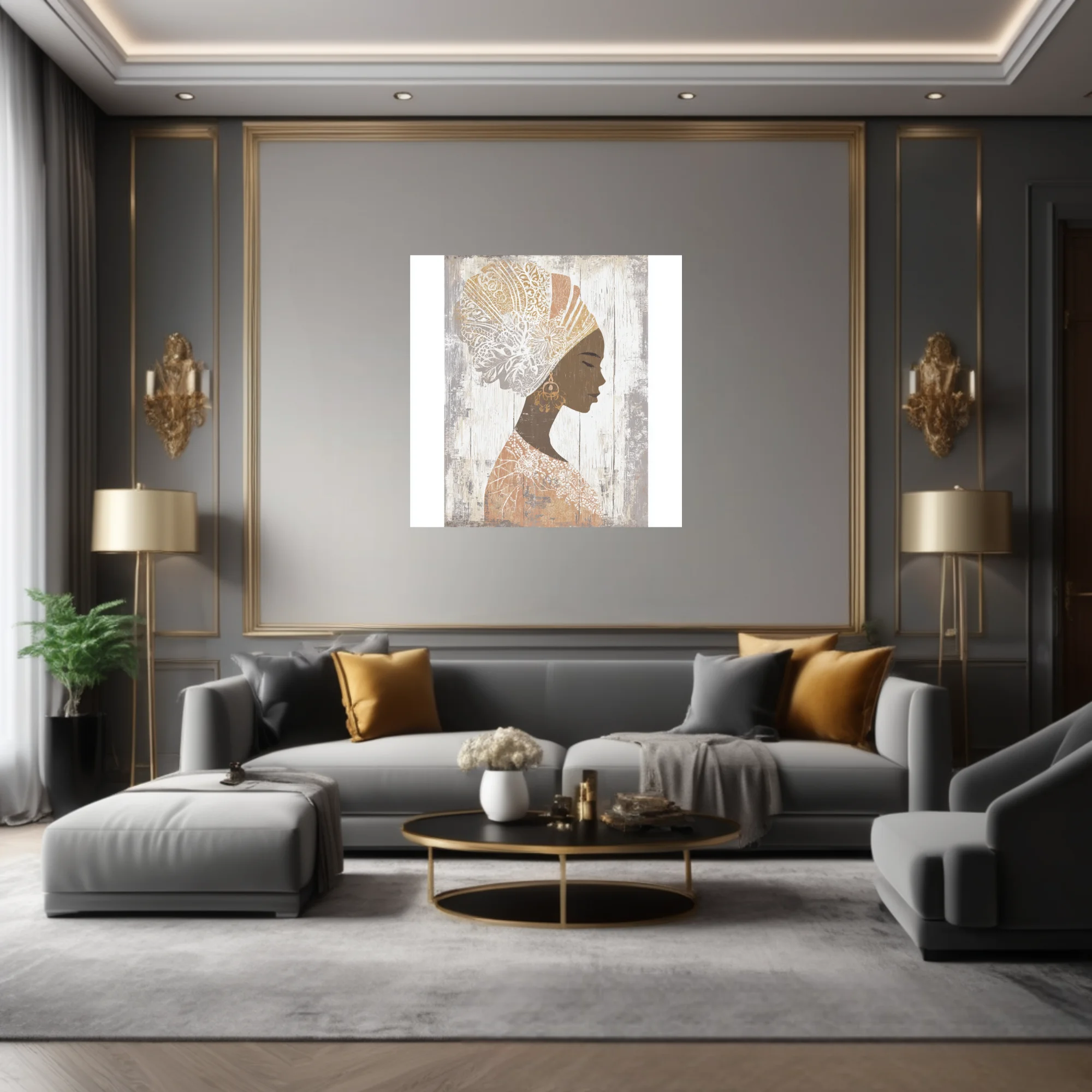 Boho African woman portrait silhouette with ornate head wrap, earth tones, distressed finish