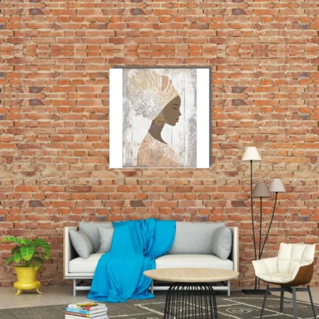 Boho African woman portrait silhouette with ornate head wrap, earth tones, distressed finish