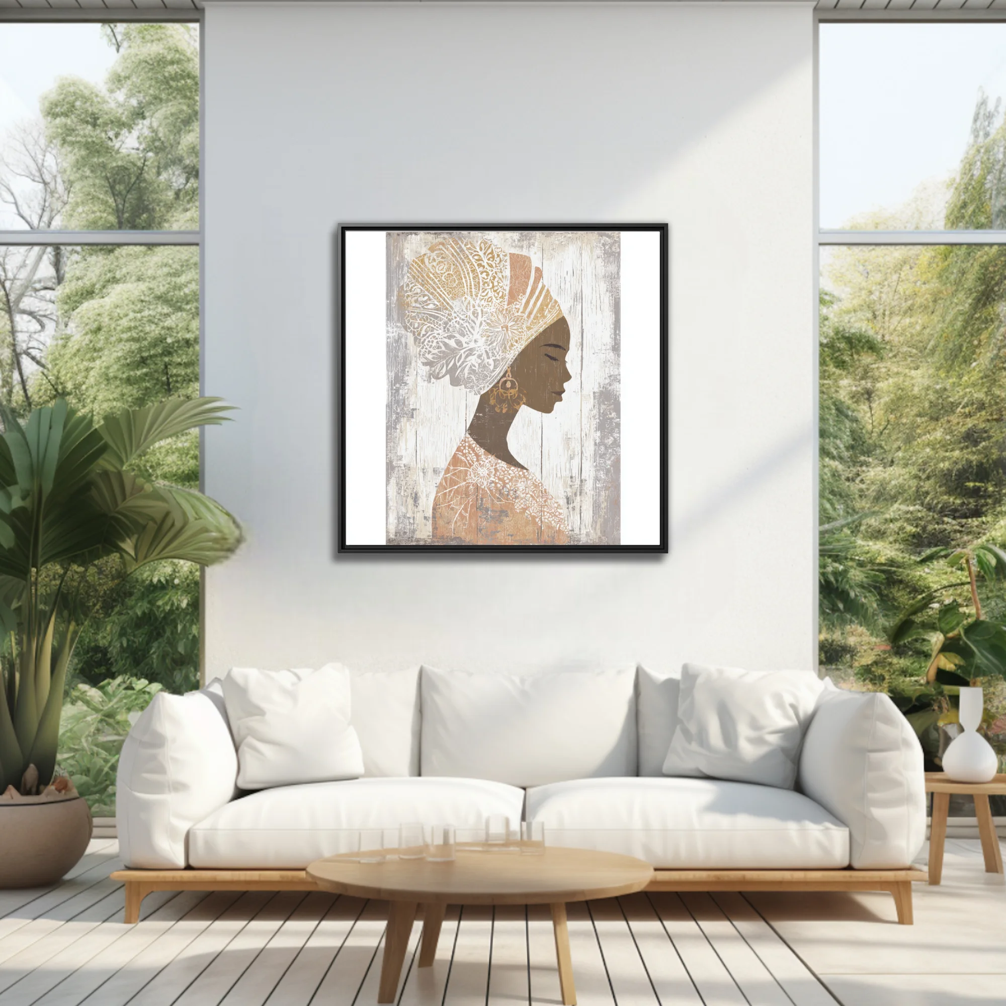 Boho African woman portrait silhouette with ornate head wrap, earth tones, distressed finish