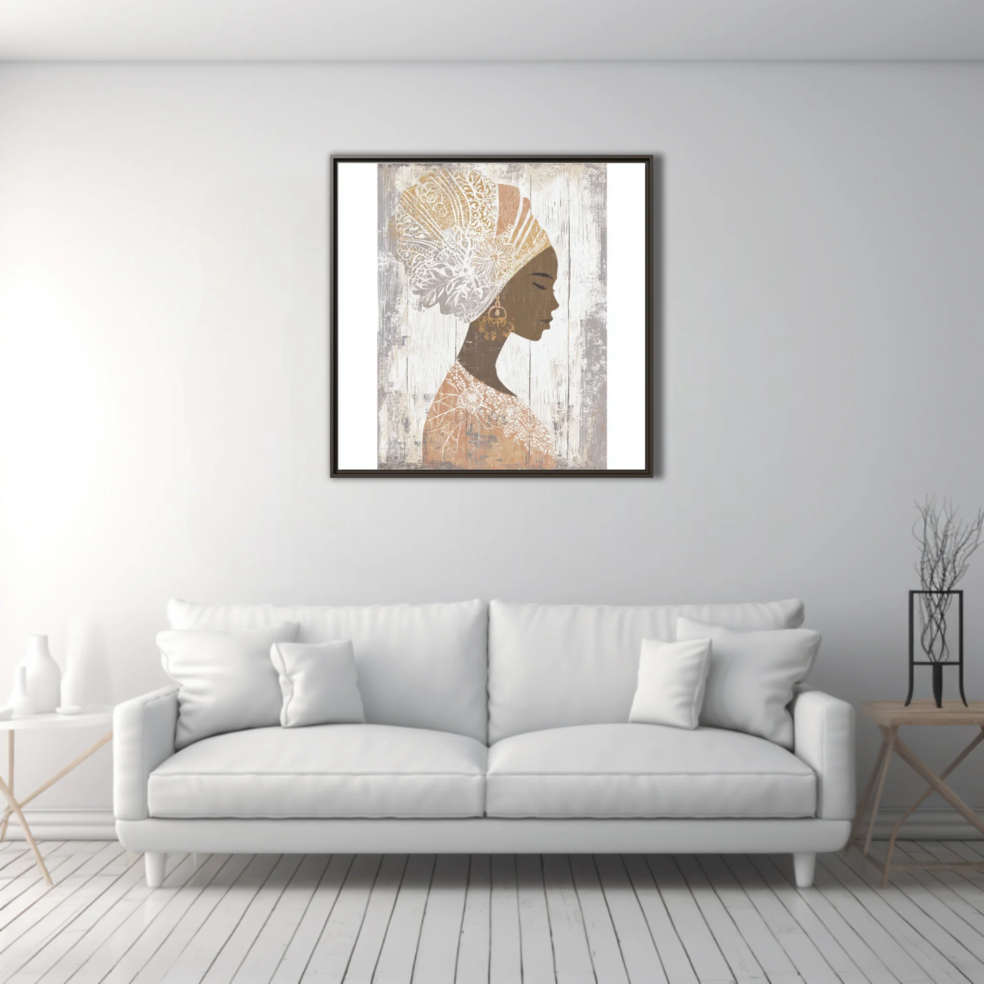 Boho African woman portrait silhouette with ornate head wrap, earth tones, distressed finish