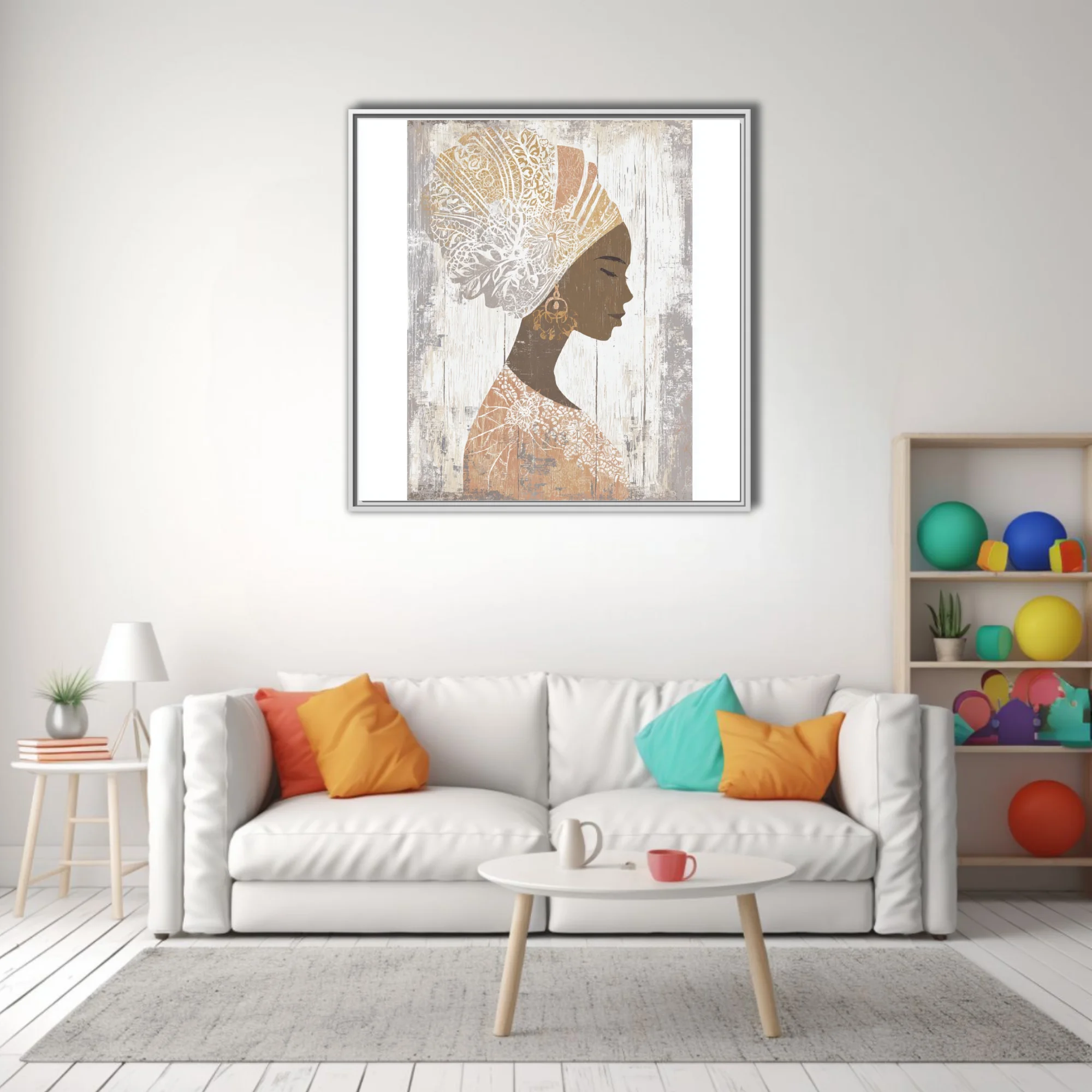 Boho African woman portrait silhouette with ornate head wrap, earth tones, distressed finish