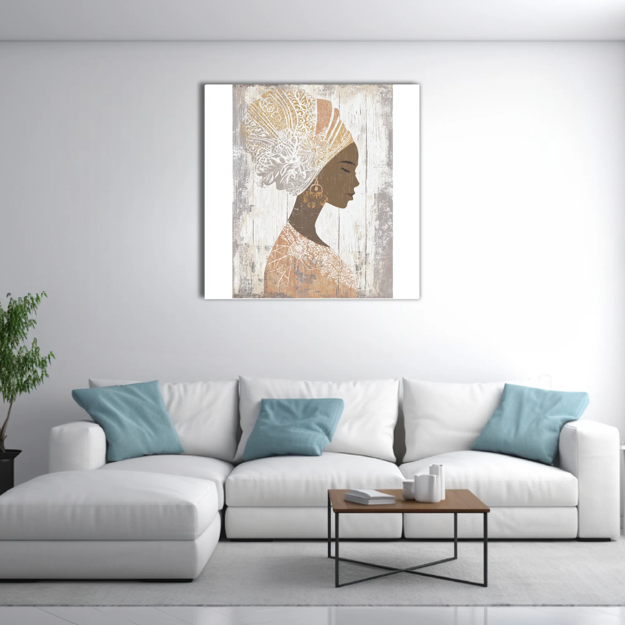 Boho African woman portrait silhouette with ornate head wrap, earth tones, distressed finish