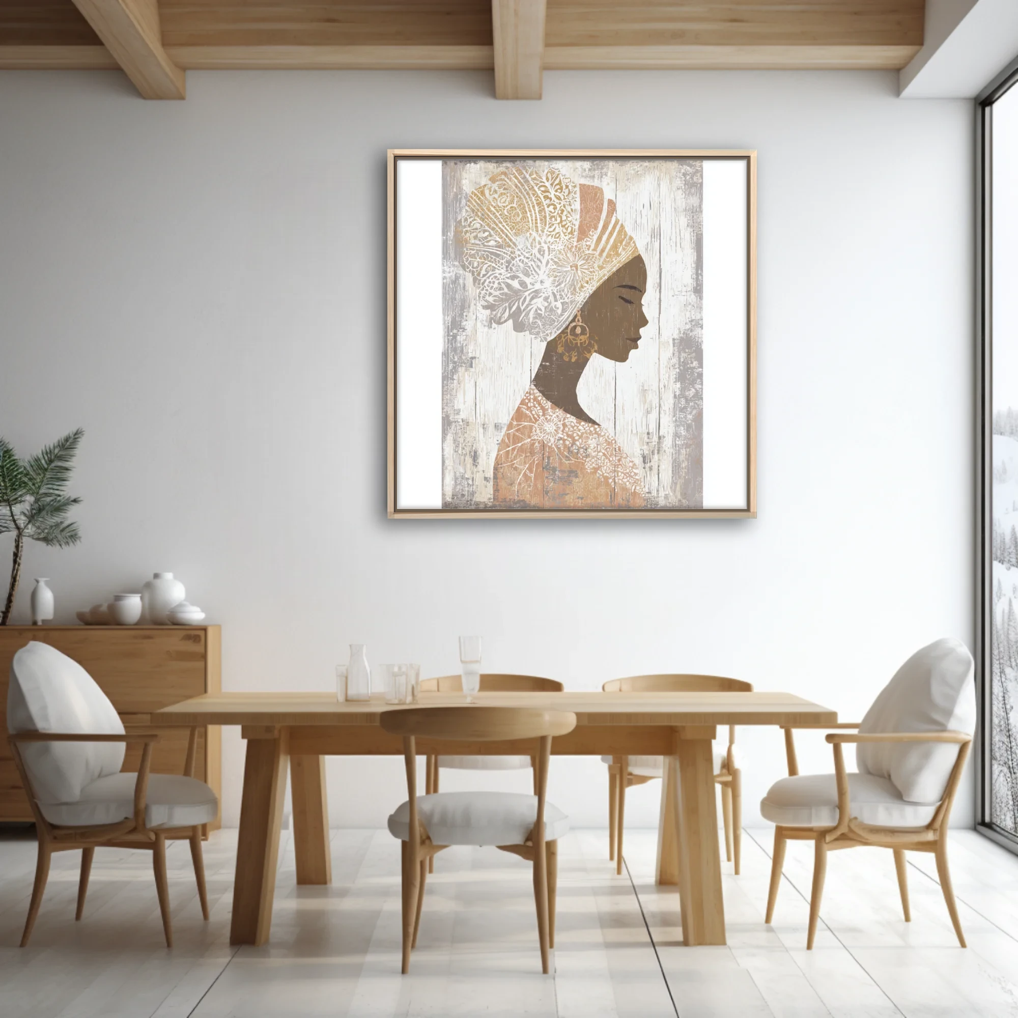 Boho African woman portrait silhouette with ornate head wrap, earth tones, distressed finish