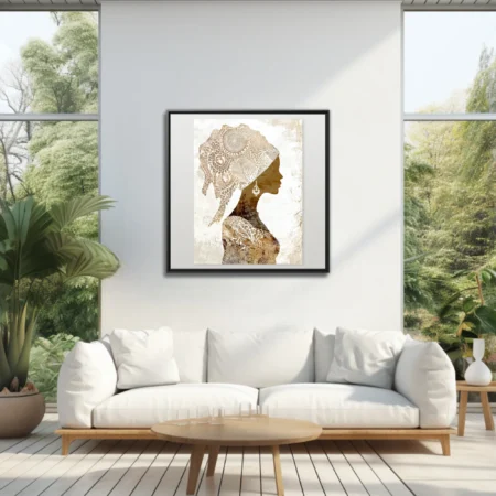 Boho sepia silhouette portrait of woman with ornate patterned head wrap and botanical motifs