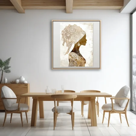 Boho sepia silhouette portrait of woman with ornate patterned head wrap and botanical motifs