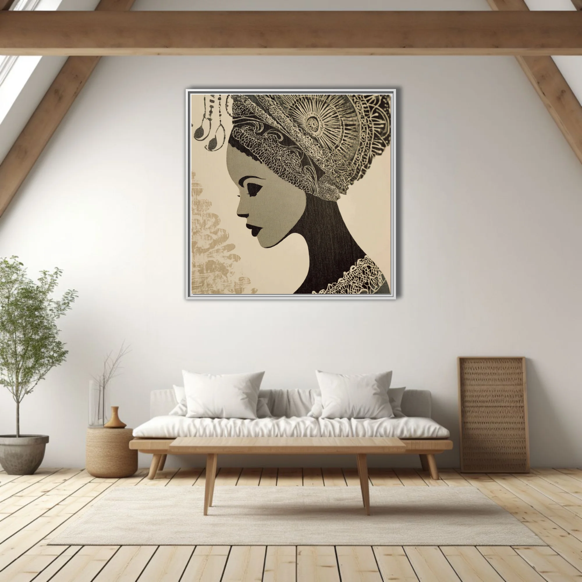 Woodblock-style monochrome portrait of a woman in ornate traditional headdress