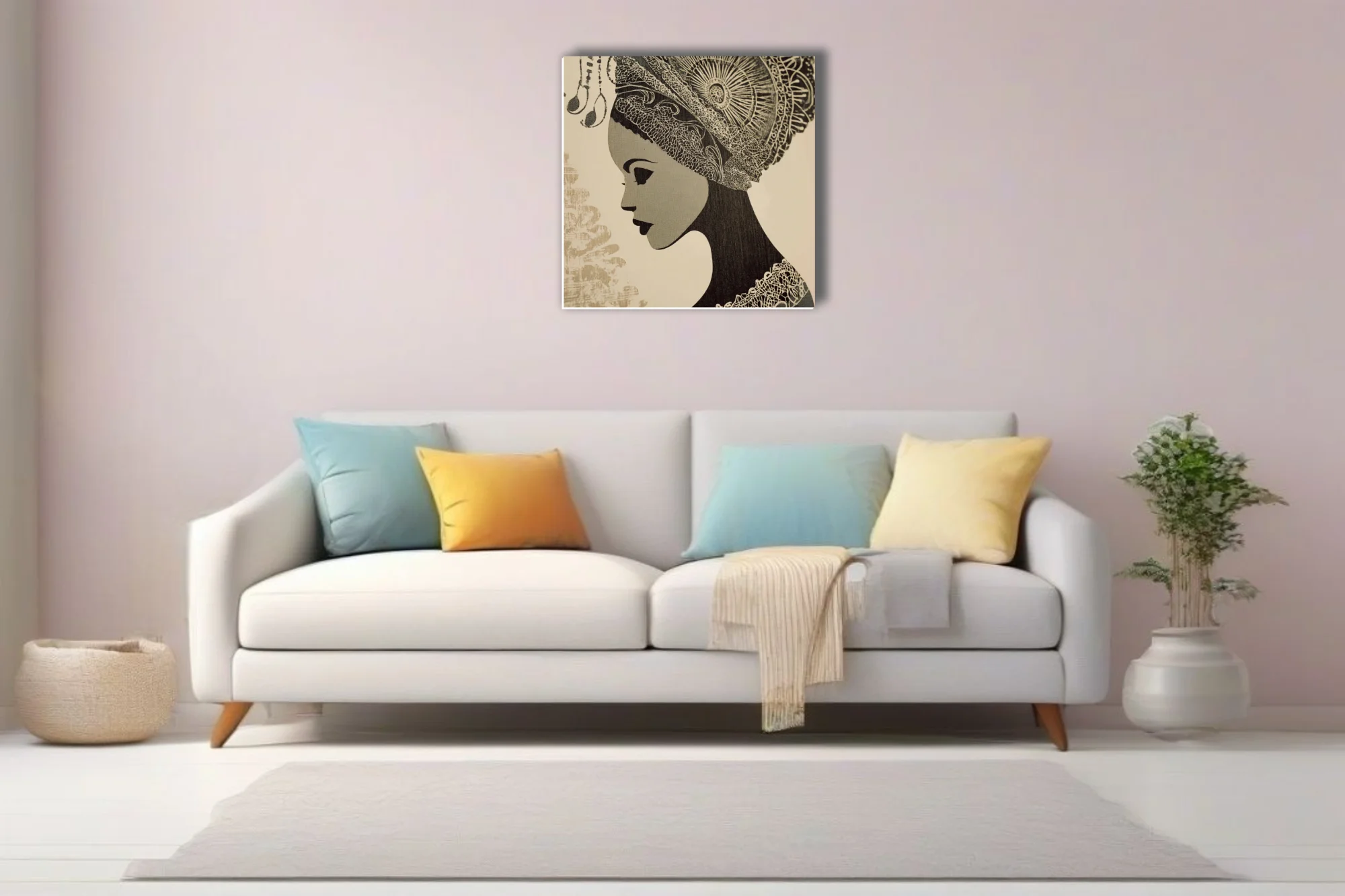 Woodblock-style monochrome portrait of a woman in ornate traditional headdress