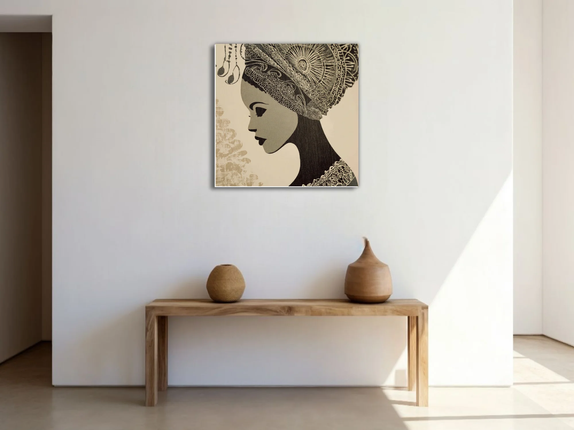 Woodblock-style monochrome portrait of a woman in ornate traditional headdress