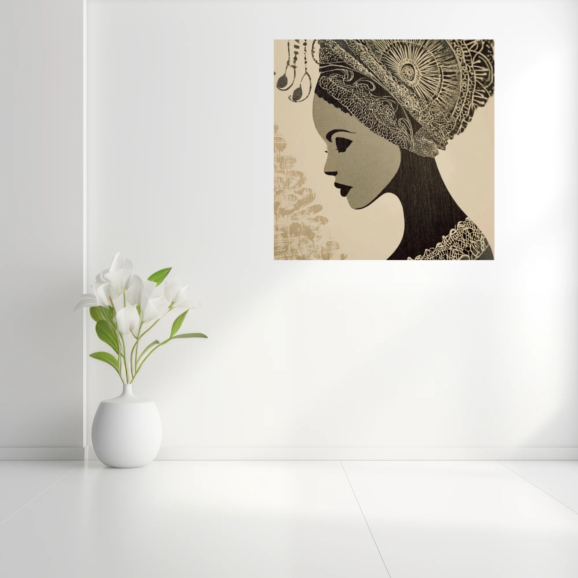 Woodblock-style monochrome portrait of a woman in ornate traditional headdress