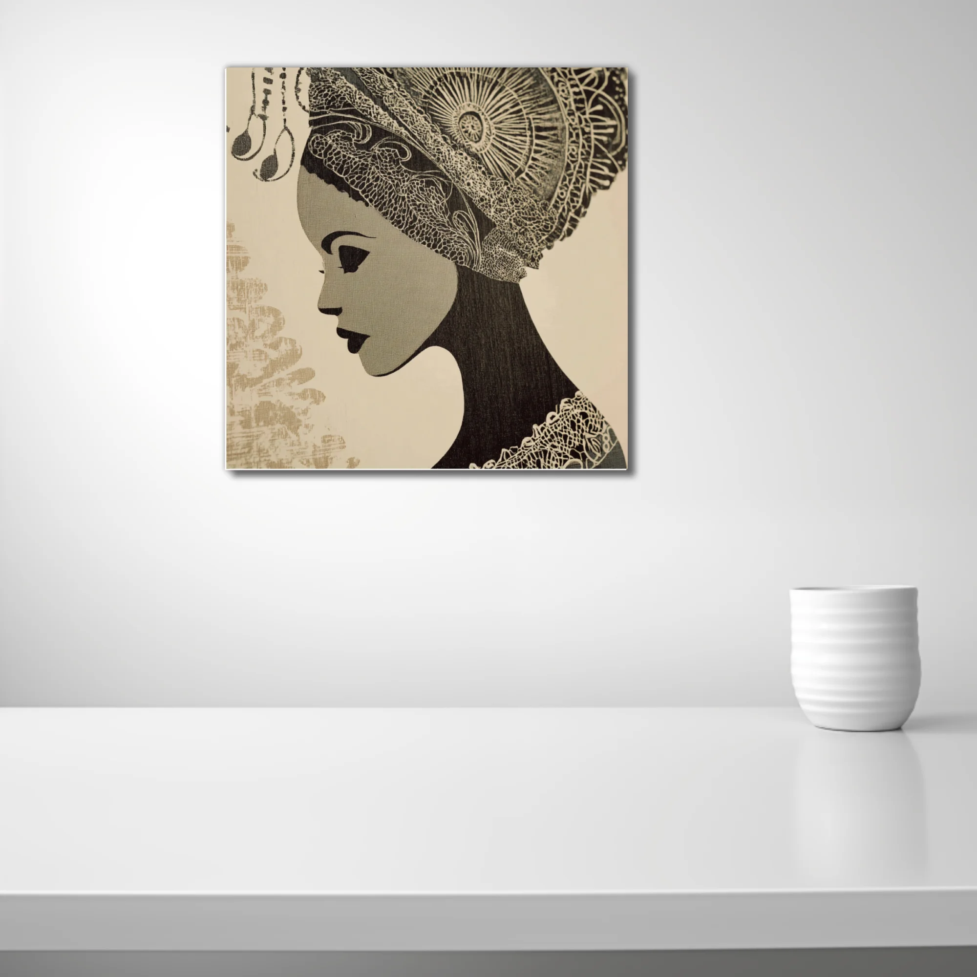 Woodblock-style monochrome portrait of a woman in ornate traditional headdress