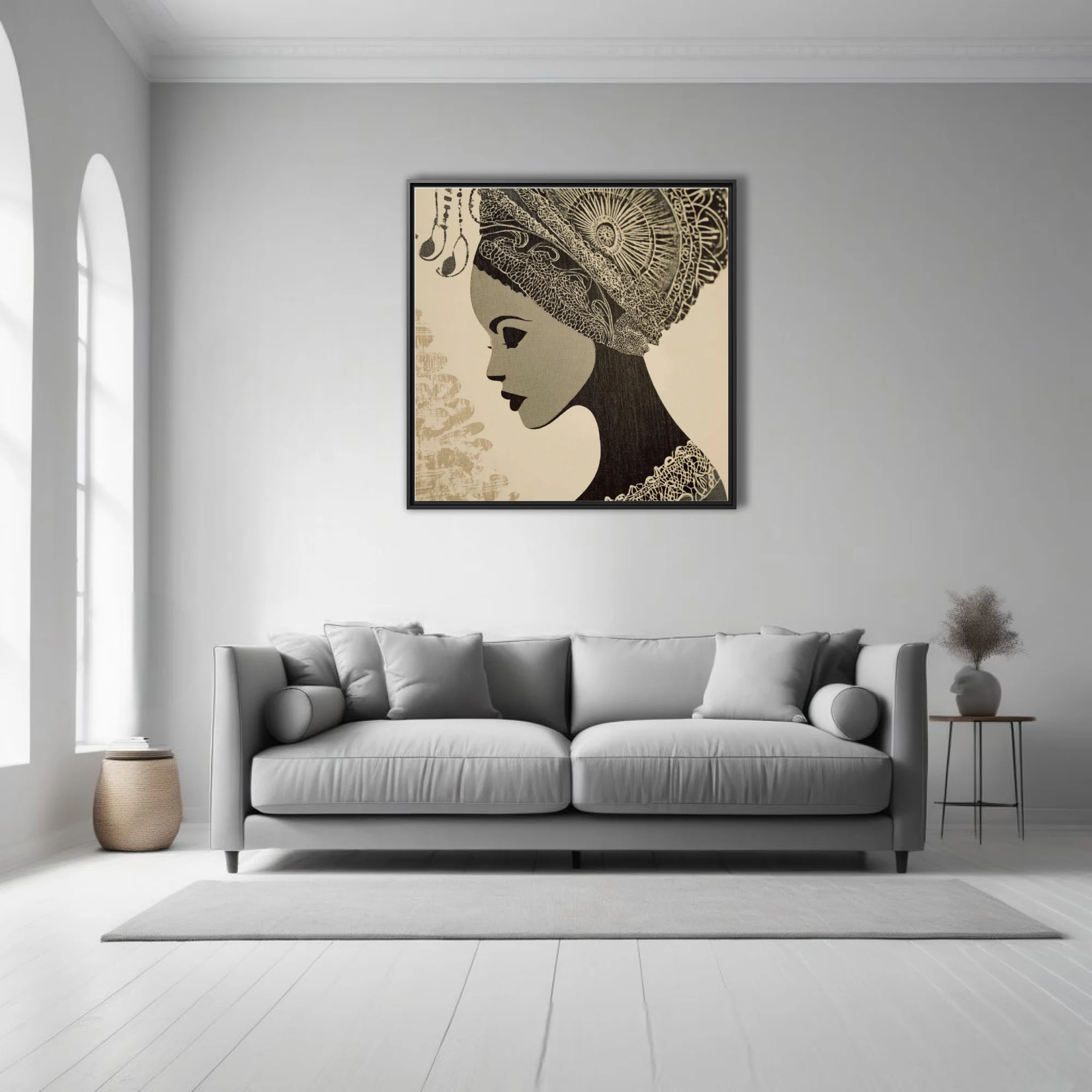 Woodblock-style monochrome portrait of a woman in ornate traditional headdress