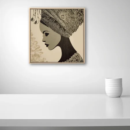Woodblock-style monochrome portrait of a woman in ornate traditional headdress