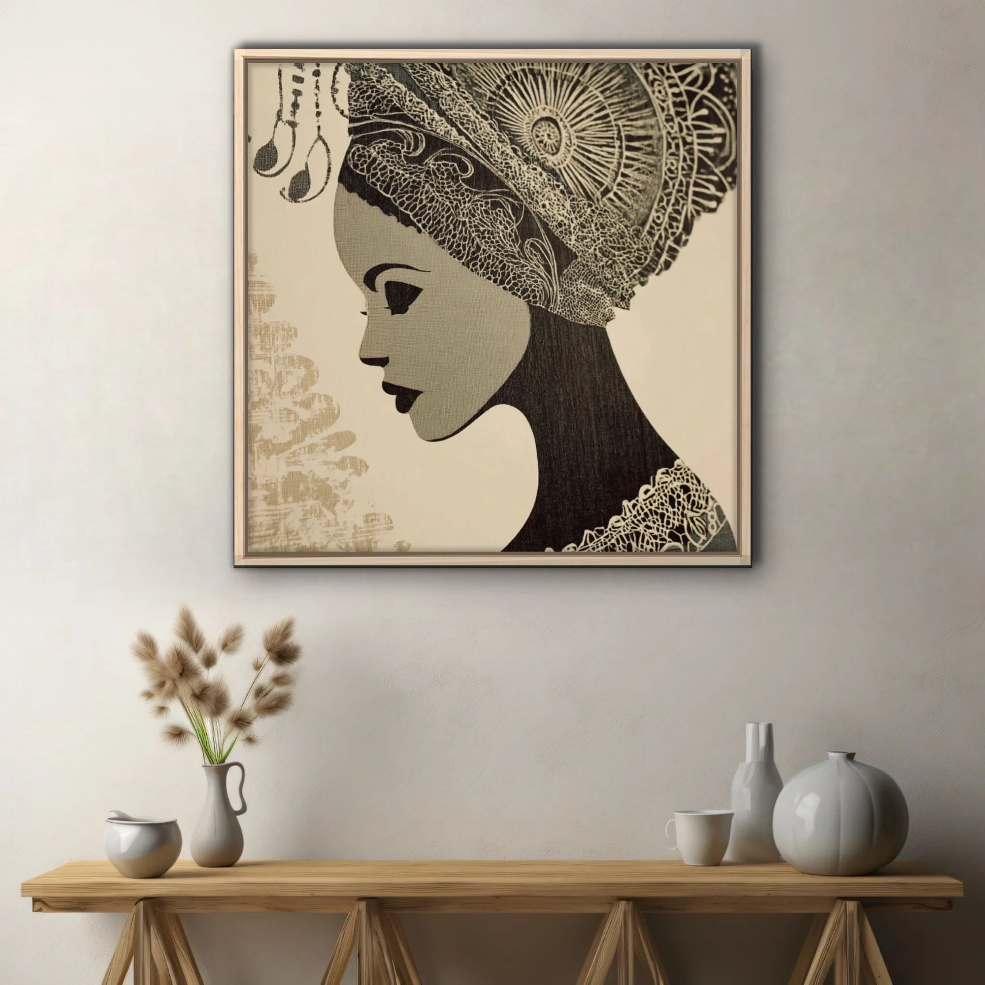 Woodblock-style monochrome portrait of a woman in ornate traditional headdress