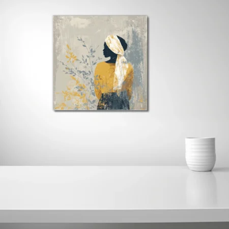 Boho abstract portrait silhouette with mustard gold, botanical motifs, and textured neutral background