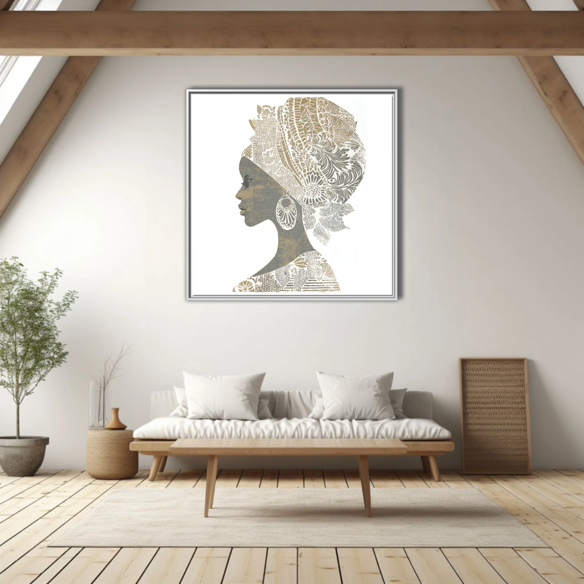 Linocut-style African woman portrait with patterned headwrap, gold and grey tones