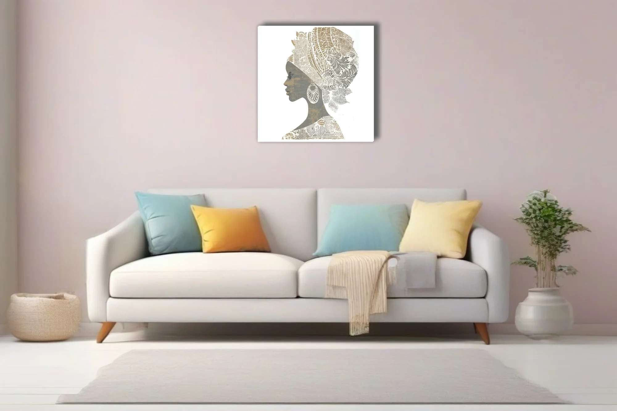 Linocut-style African woman portrait with patterned headwrap, gold and grey tones