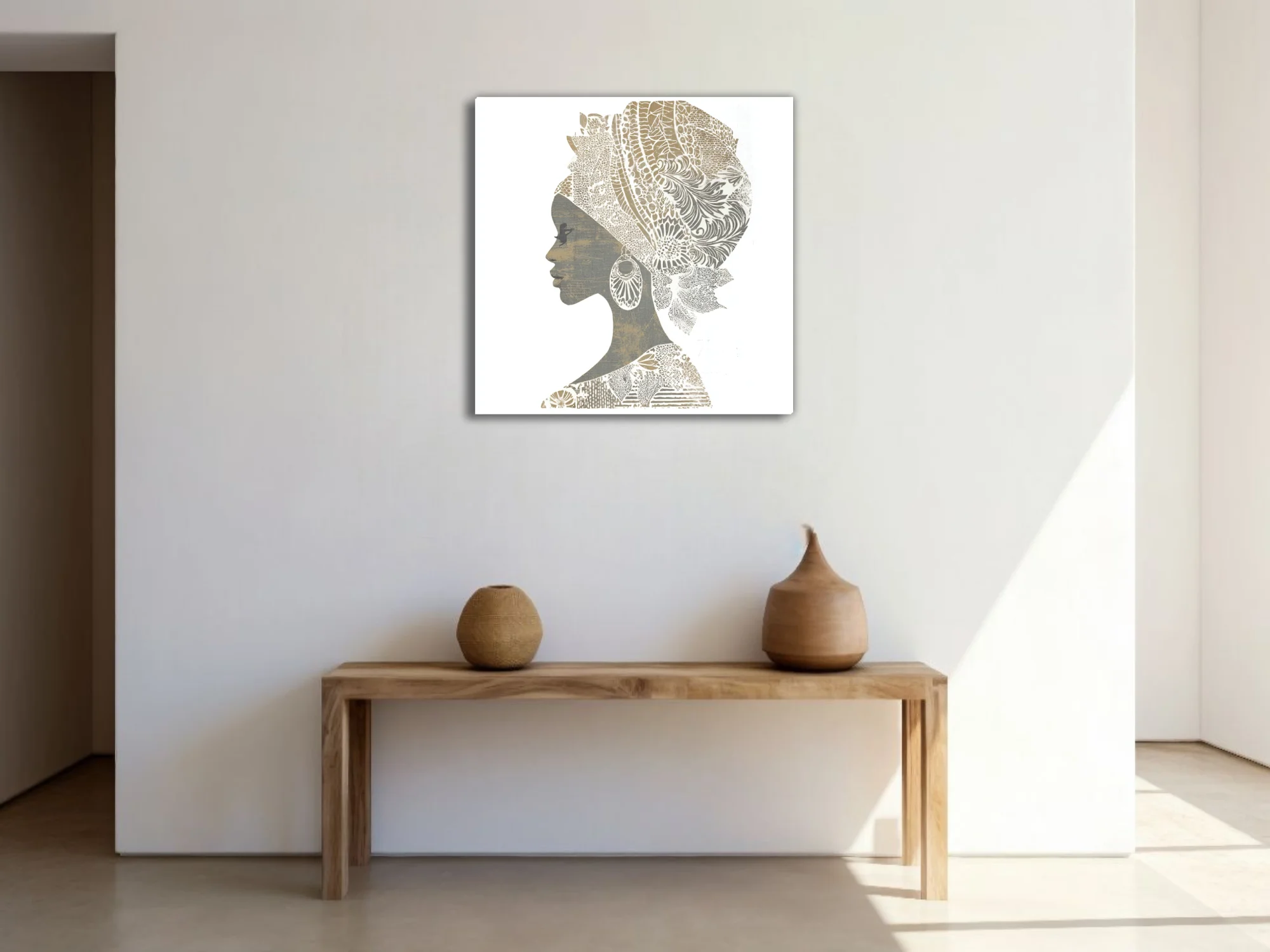 Linocut-style African woman portrait with patterned headwrap, gold and grey tones