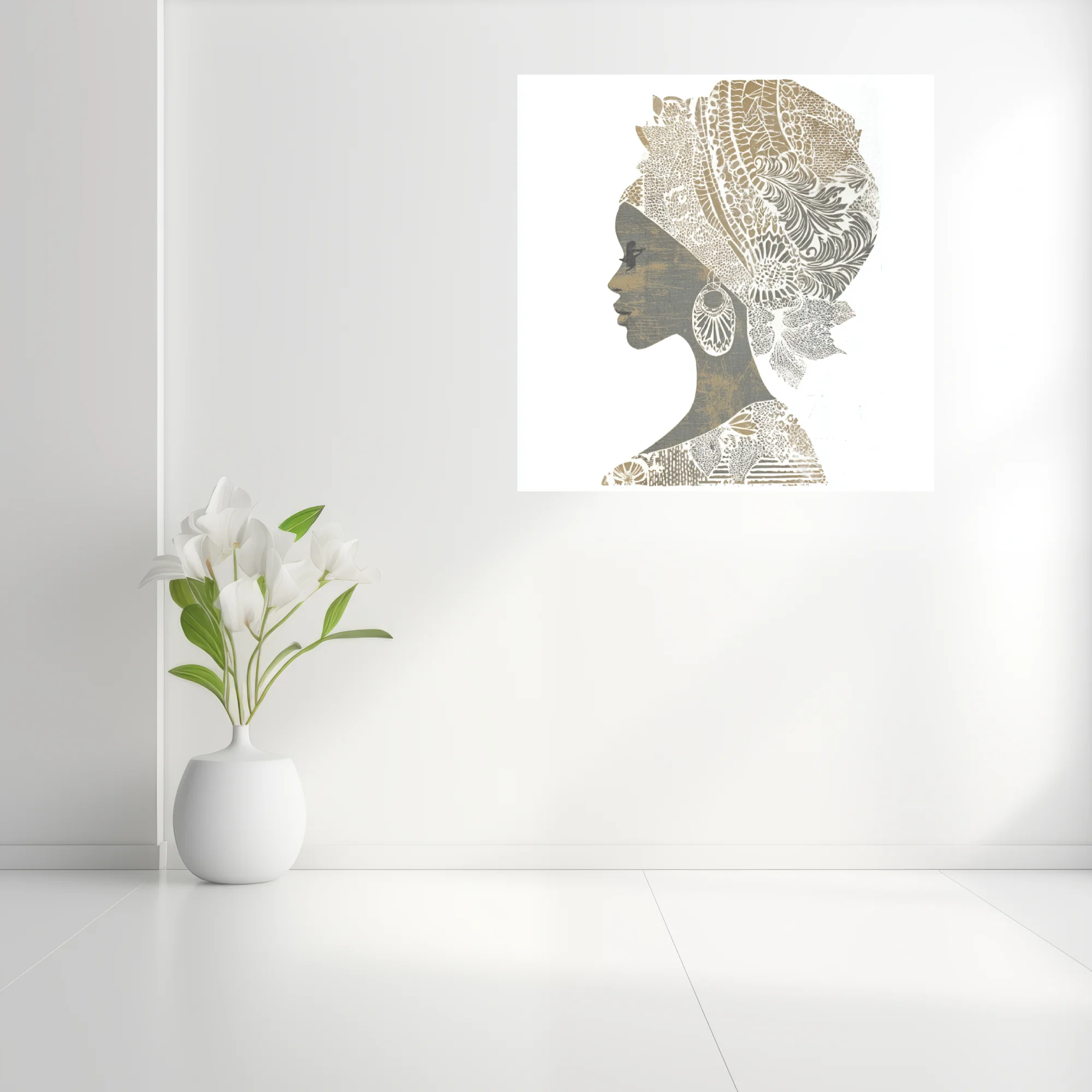 Linocut-style African woman portrait with patterned headwrap, gold and grey tones