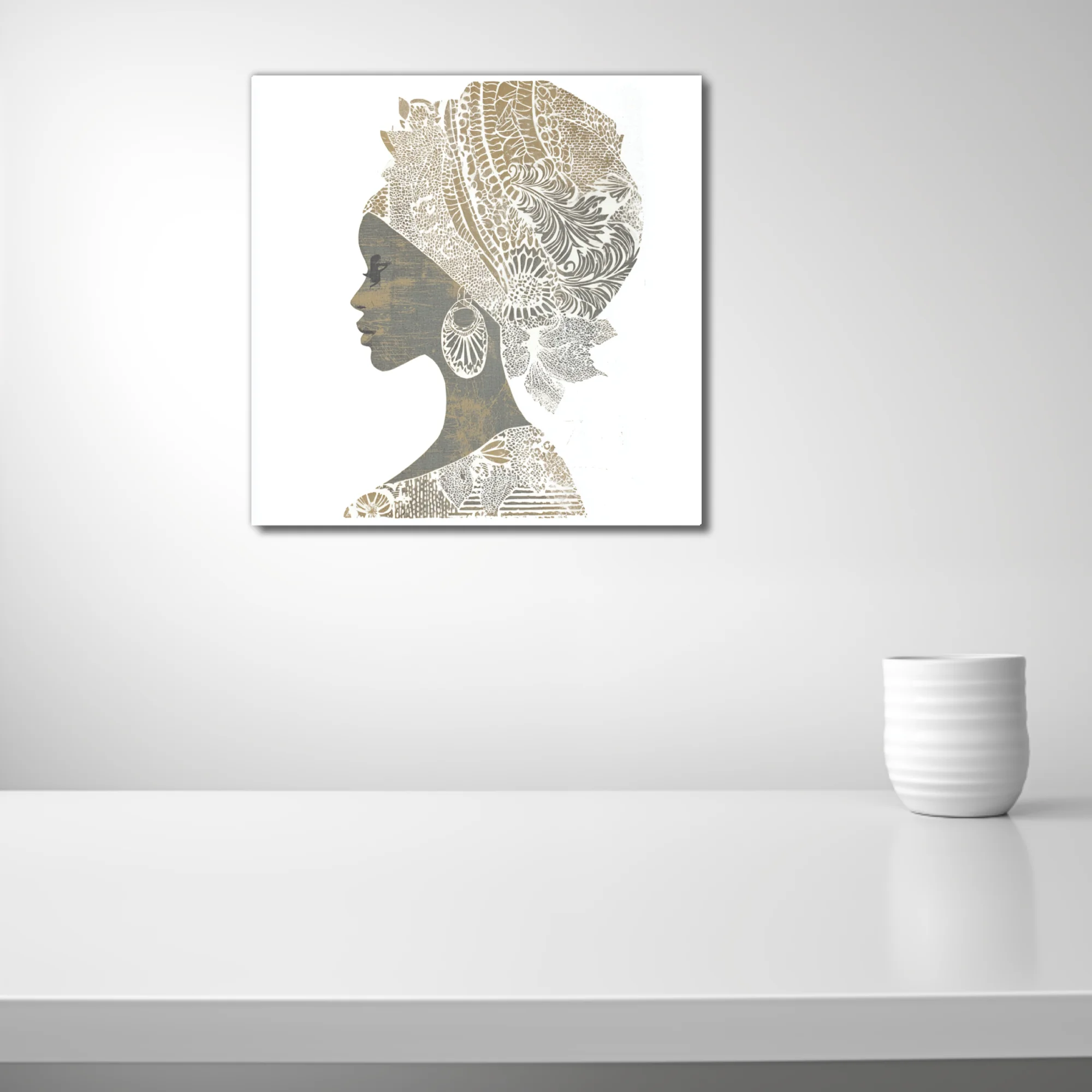 Linocut-style African woman portrait with patterned headwrap, gold and grey tones