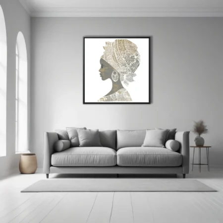 Linocut-style African woman portrait with patterned headwrap, gold and grey tones