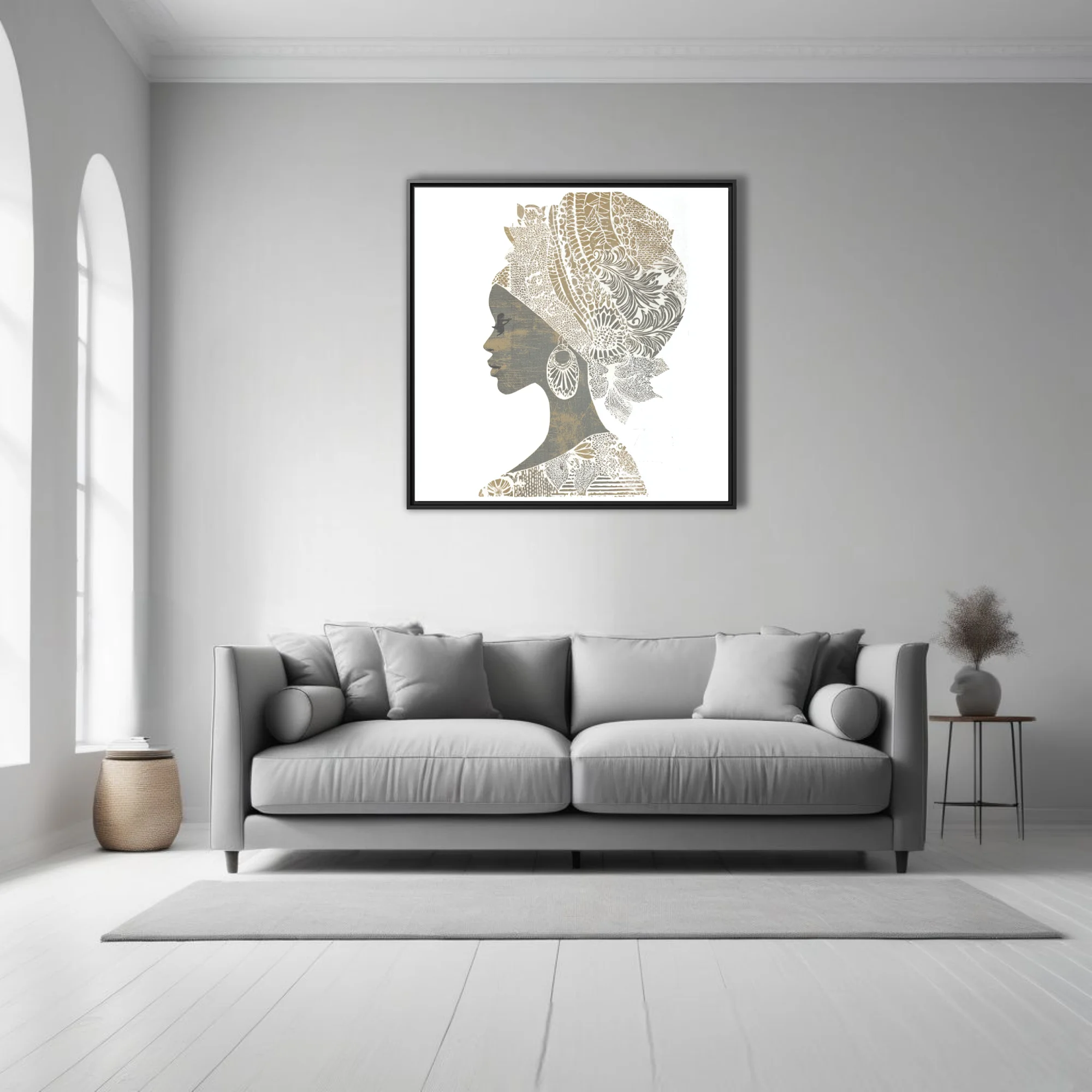 Linocut-style African woman portrait with patterned headwrap, gold and grey tones