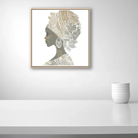 Linocut-style African woman portrait with patterned headwrap, gold and grey tones