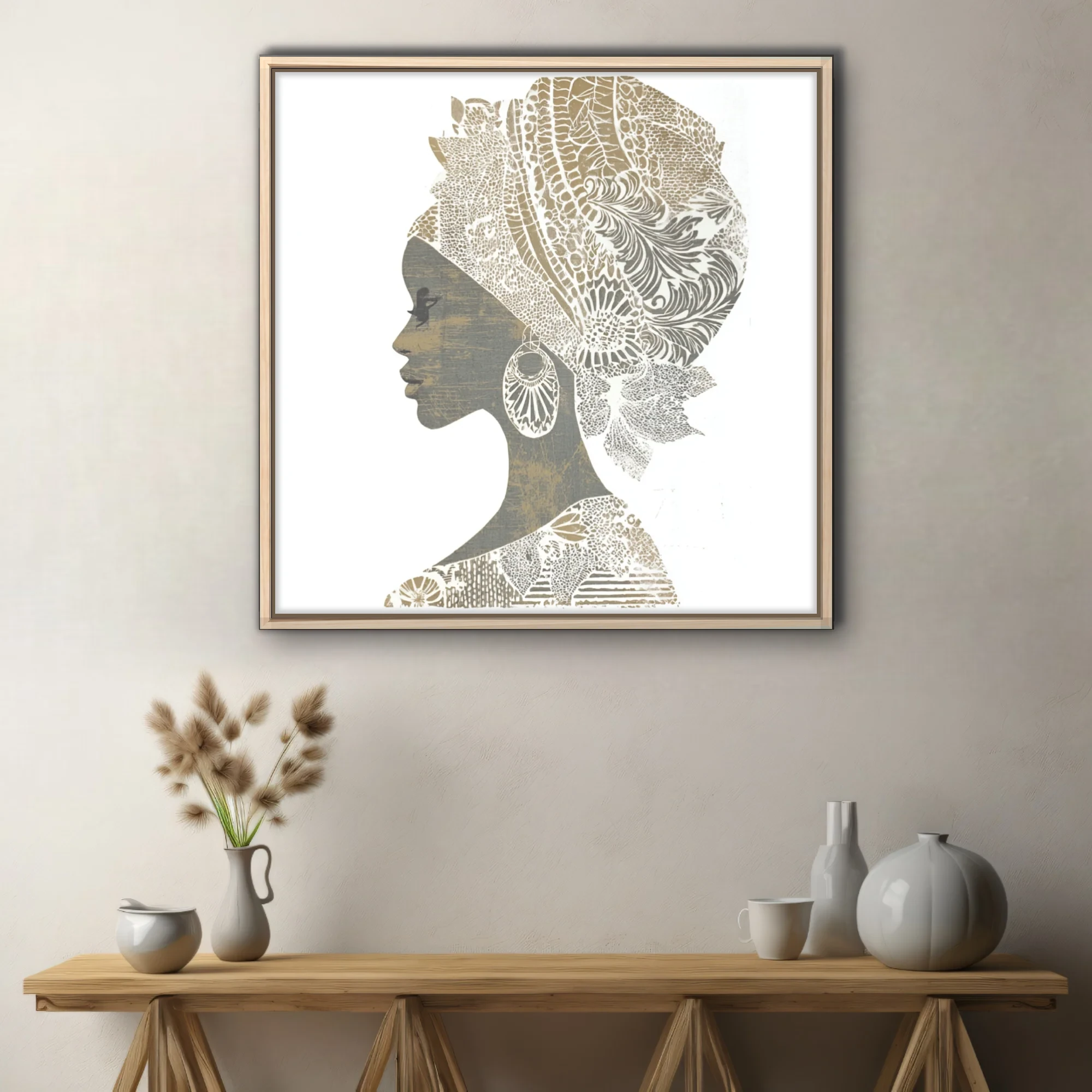 Linocut-style African woman portrait with patterned headwrap, gold and grey tones