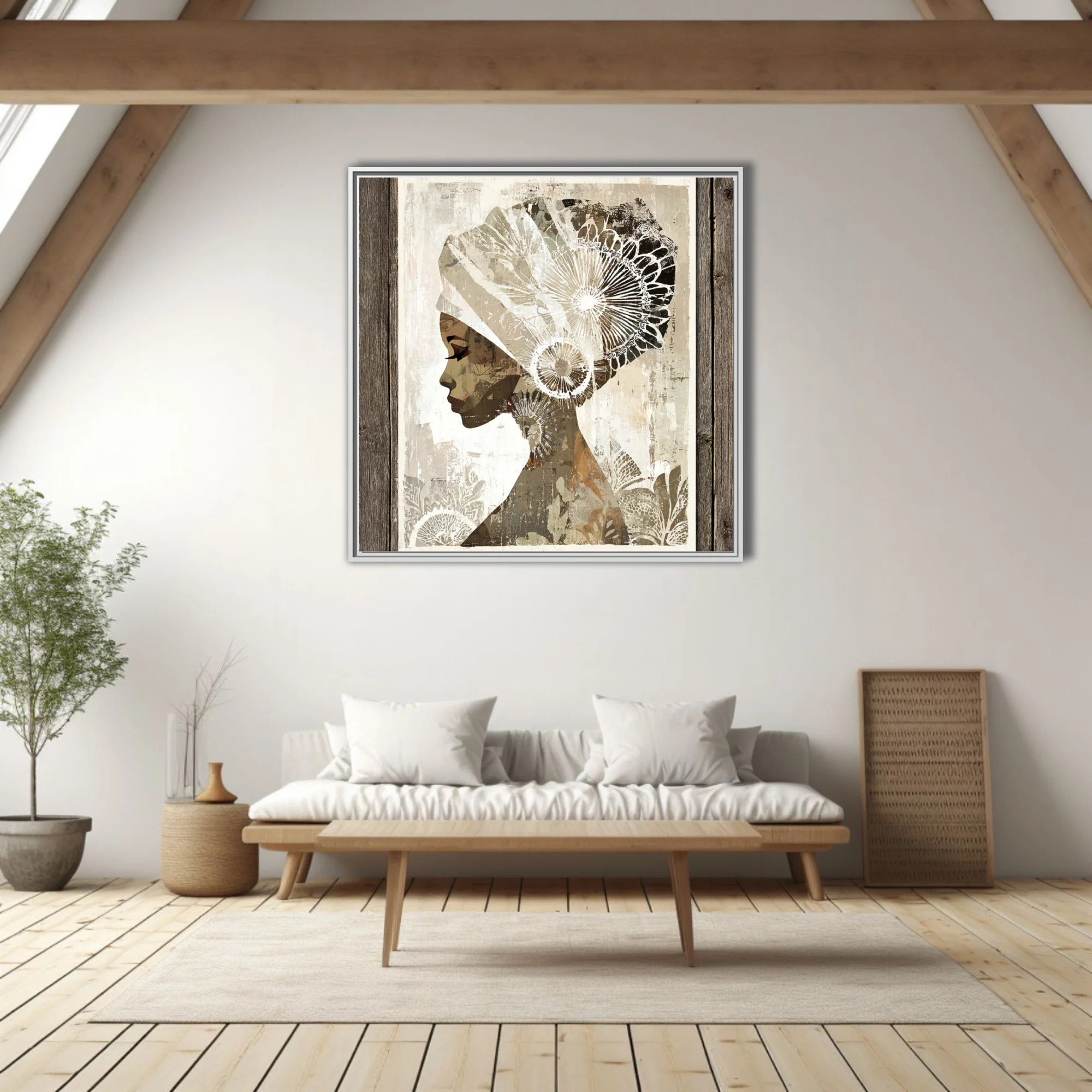 Abstract collage-style woman portrait with ornate head wrap, earth tones and botanical patterns