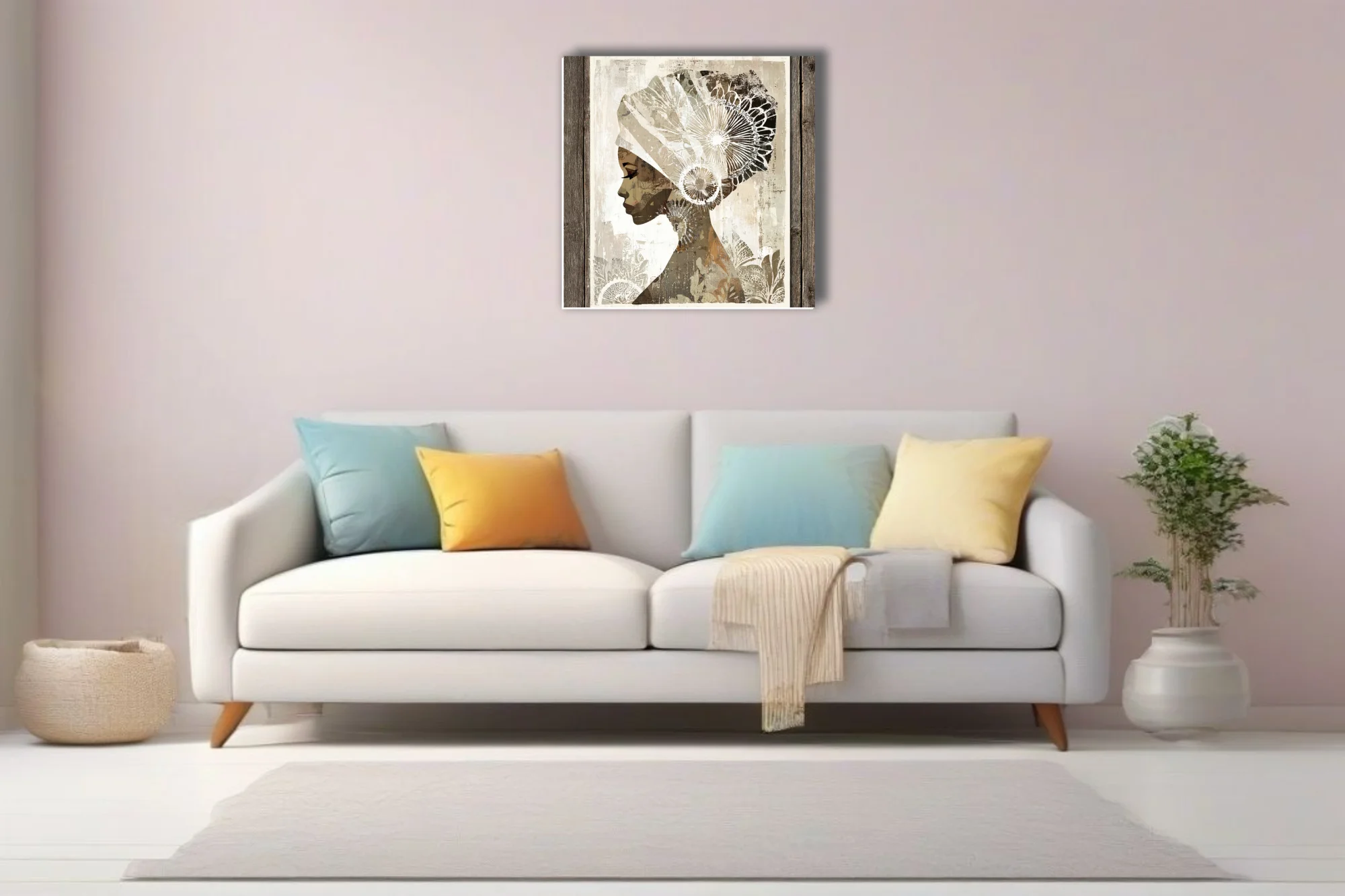 Abstract collage-style woman portrait with ornate head wrap, earth tones and botanical patterns