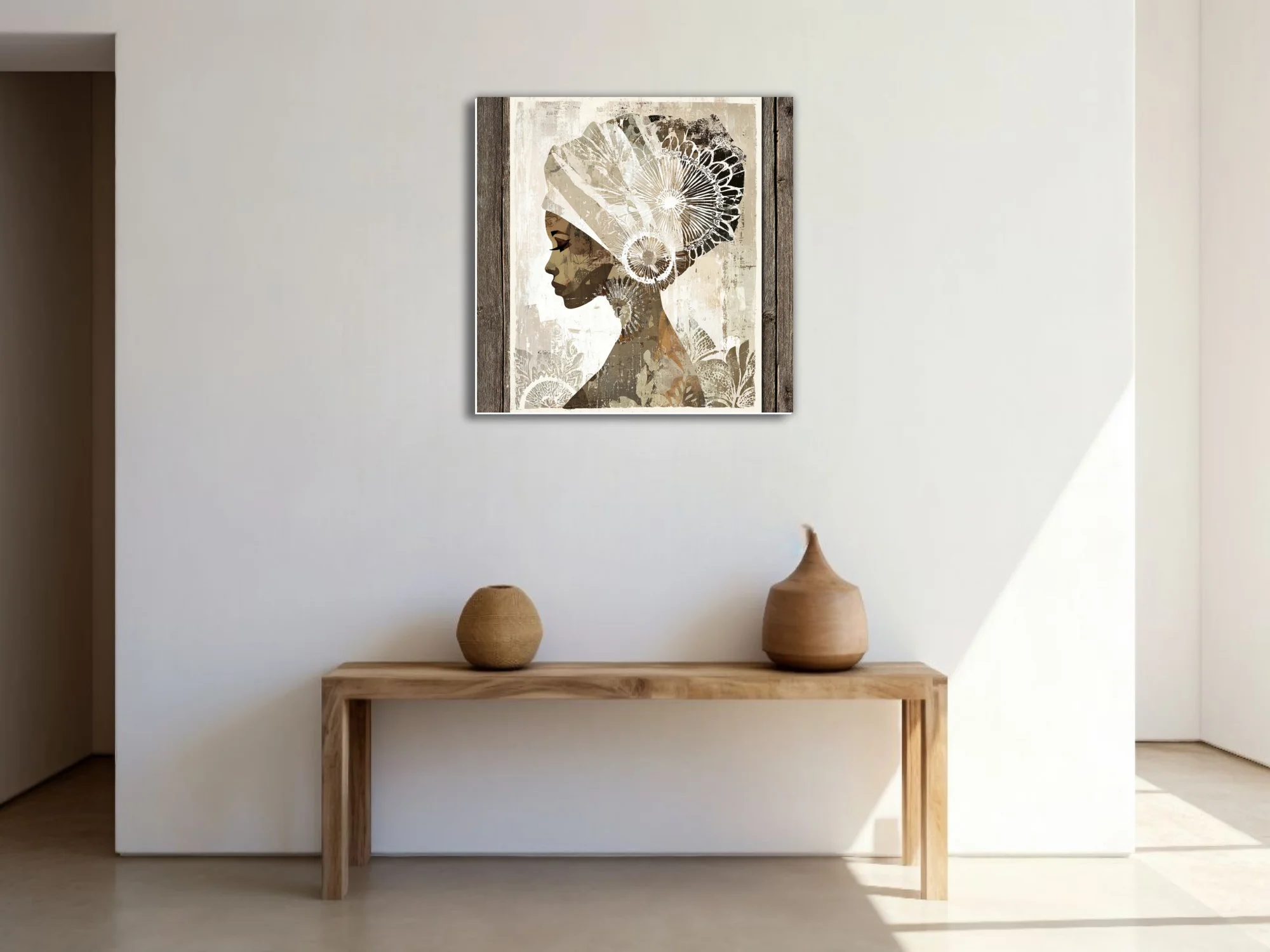 Abstract collage-style woman portrait with ornate head wrap, earth tones and botanical patterns
