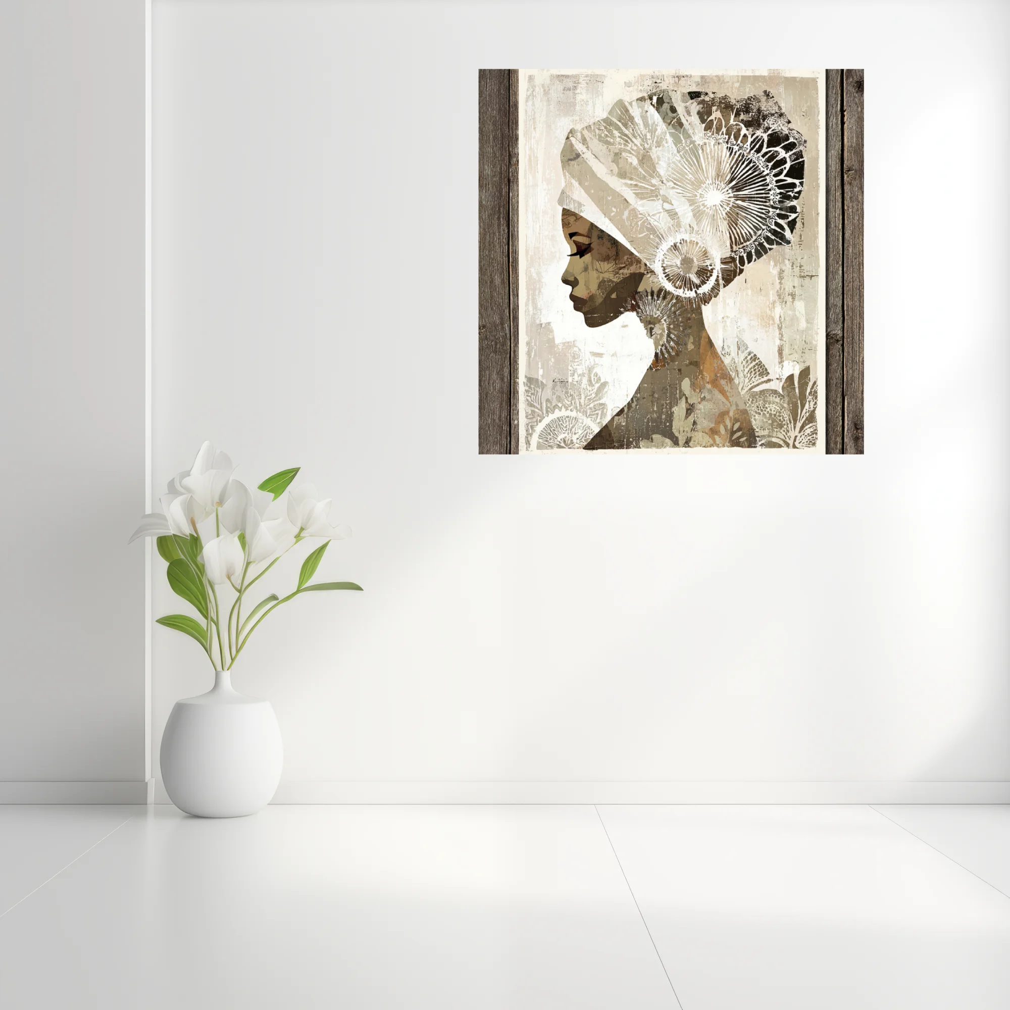 Abstract collage-style woman portrait with ornate head wrap, earth tones and botanical patterns