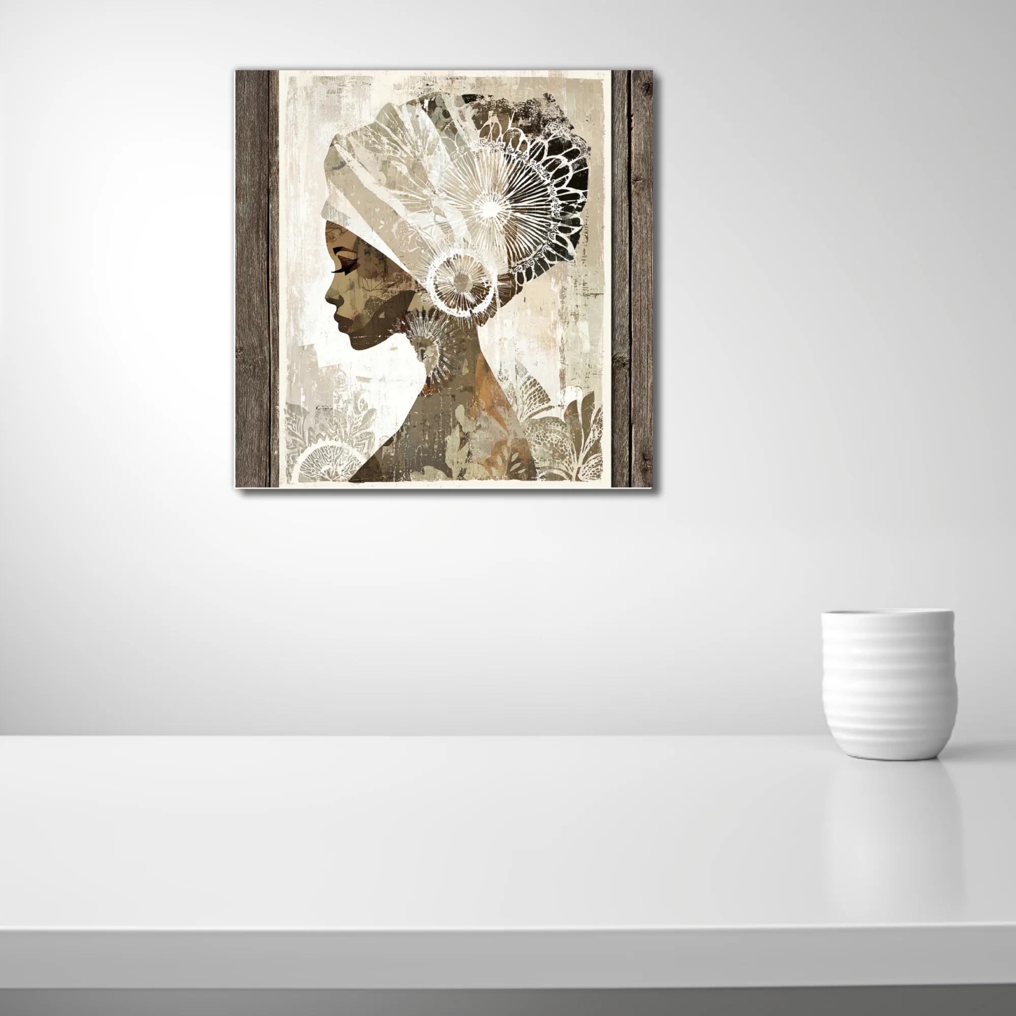Abstract collage-style woman portrait with ornate head wrap, earth tones and botanical patterns