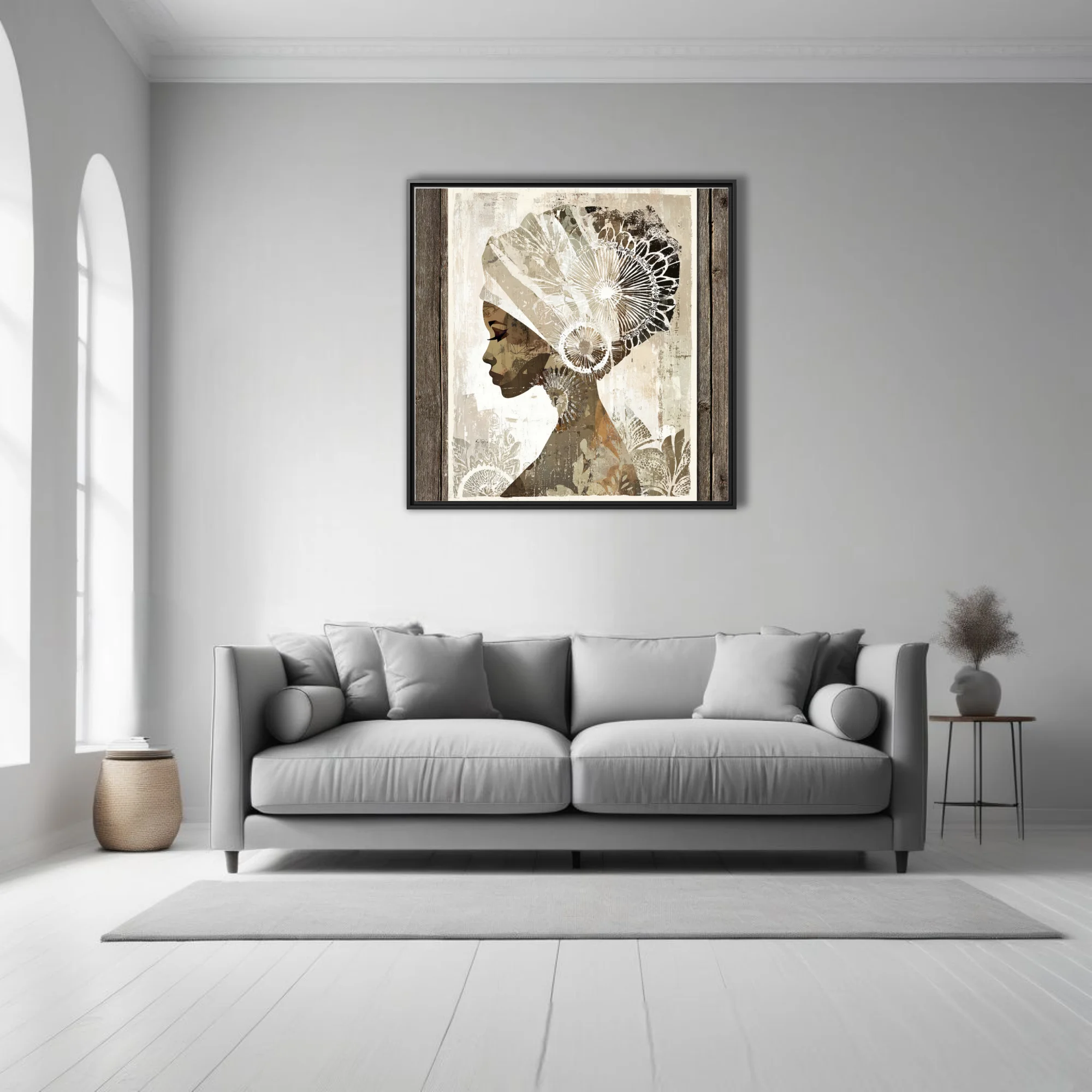 Abstract collage-style woman portrait with ornate head wrap, earth tones and botanical patterns